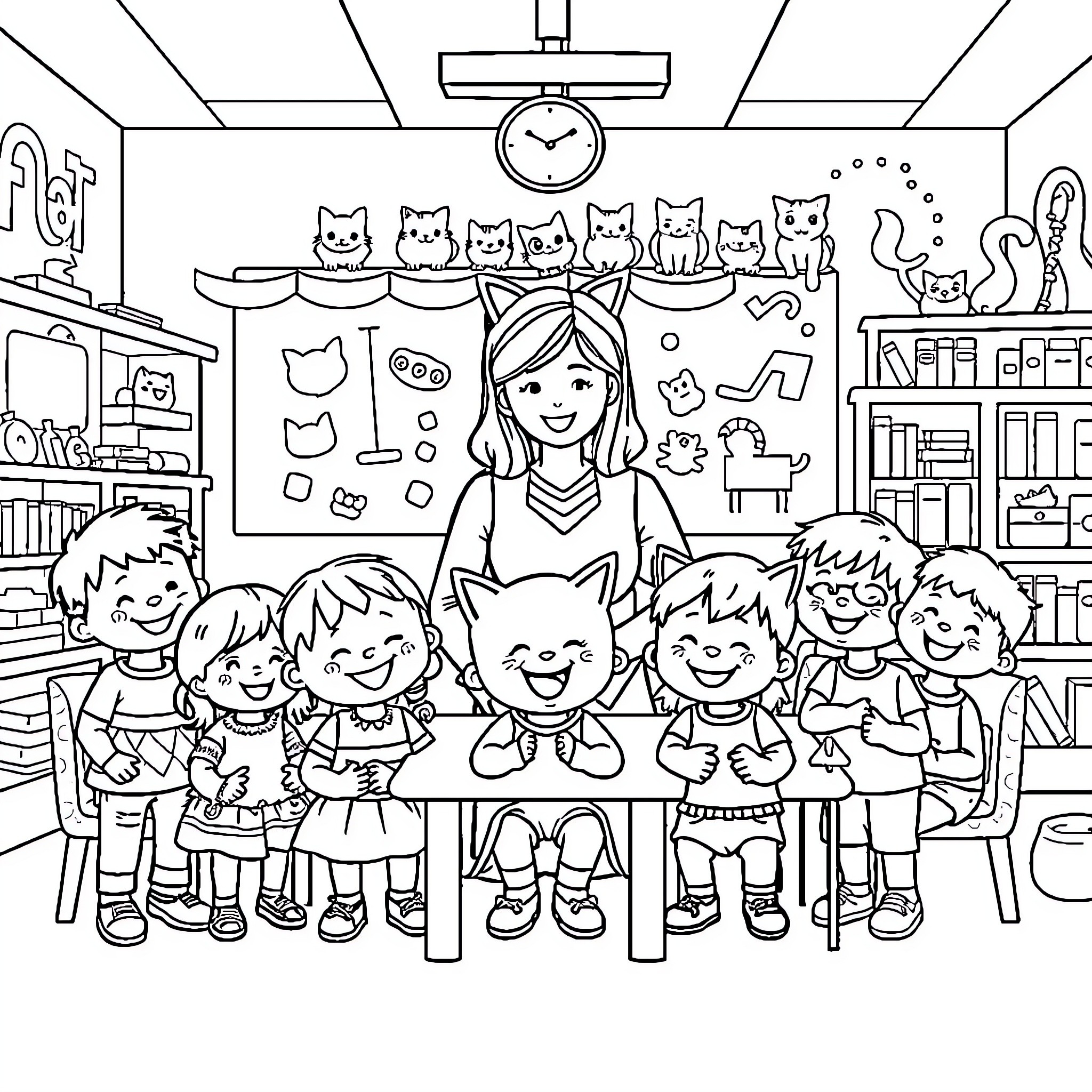 Kid's fun art class with friends and pets Coloring Page (free black-and-white line drawing printable PDF for all, from beginners to advanced learners, including children, teens, adults, and seniors)