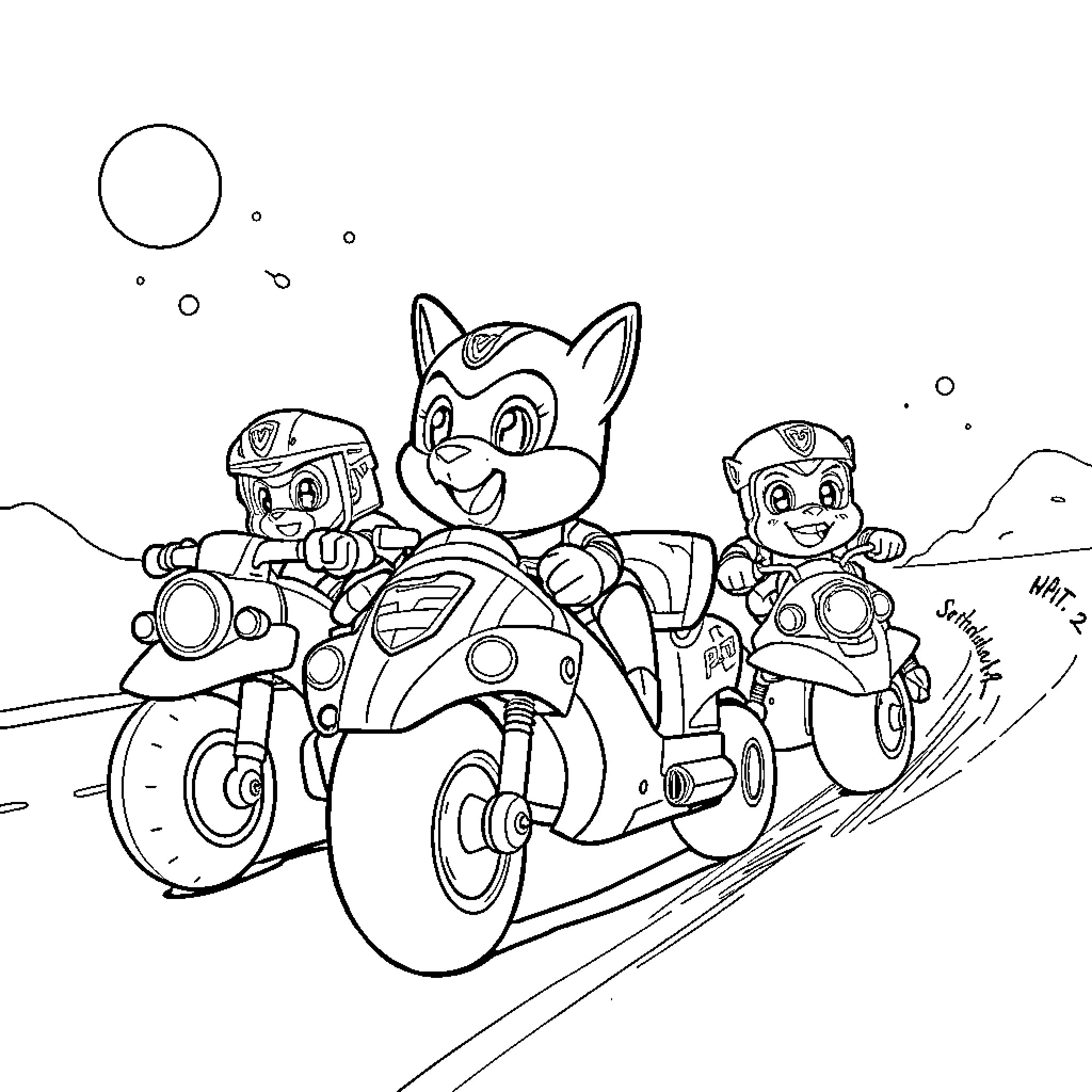 Paw Patrol characters riding motorcycles on an adventure Coloring Page (free black-and-white line drawing printable PDF for all, from beginners to advanced learners, including children, teens, adults, and seniors)