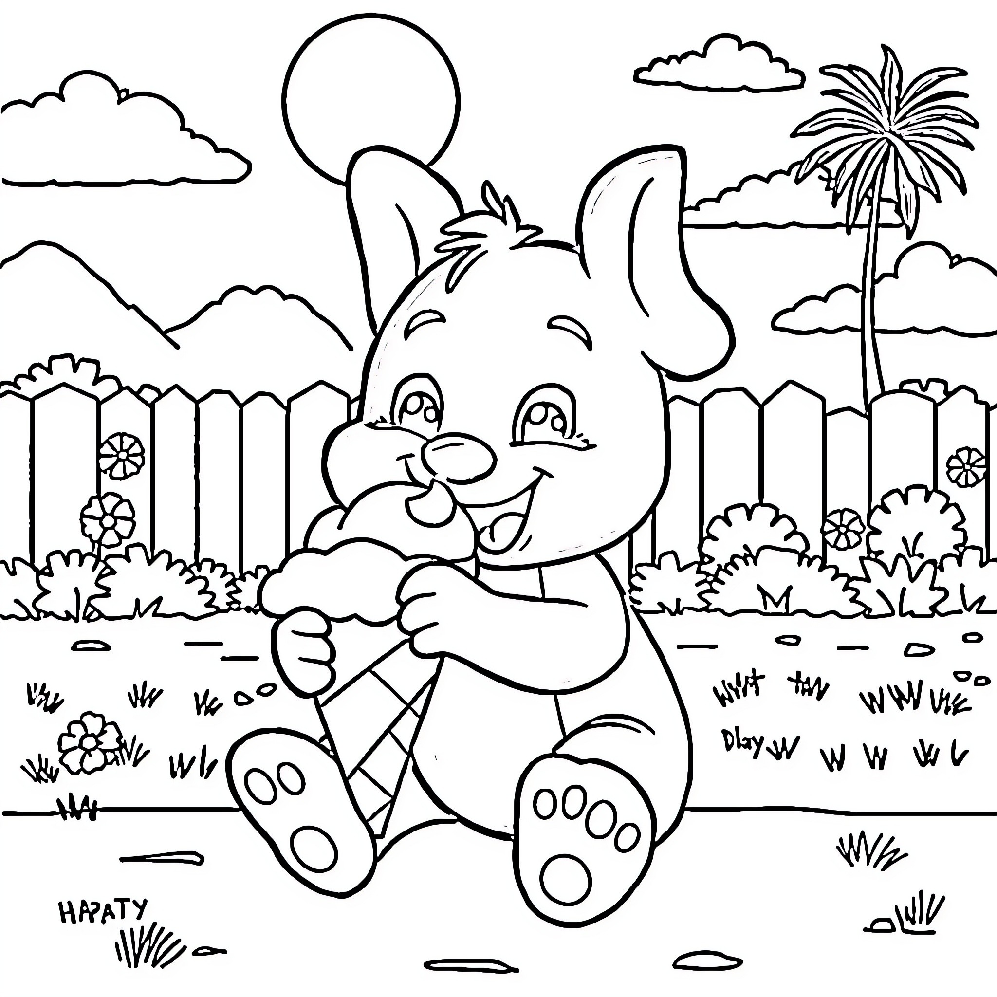 Bluey playing happily in the sunny backyard Coloring Page (free black-and-white line drawing printable PDF for all, from beginners to advanced learners, including children, teens, adults, and seniors)