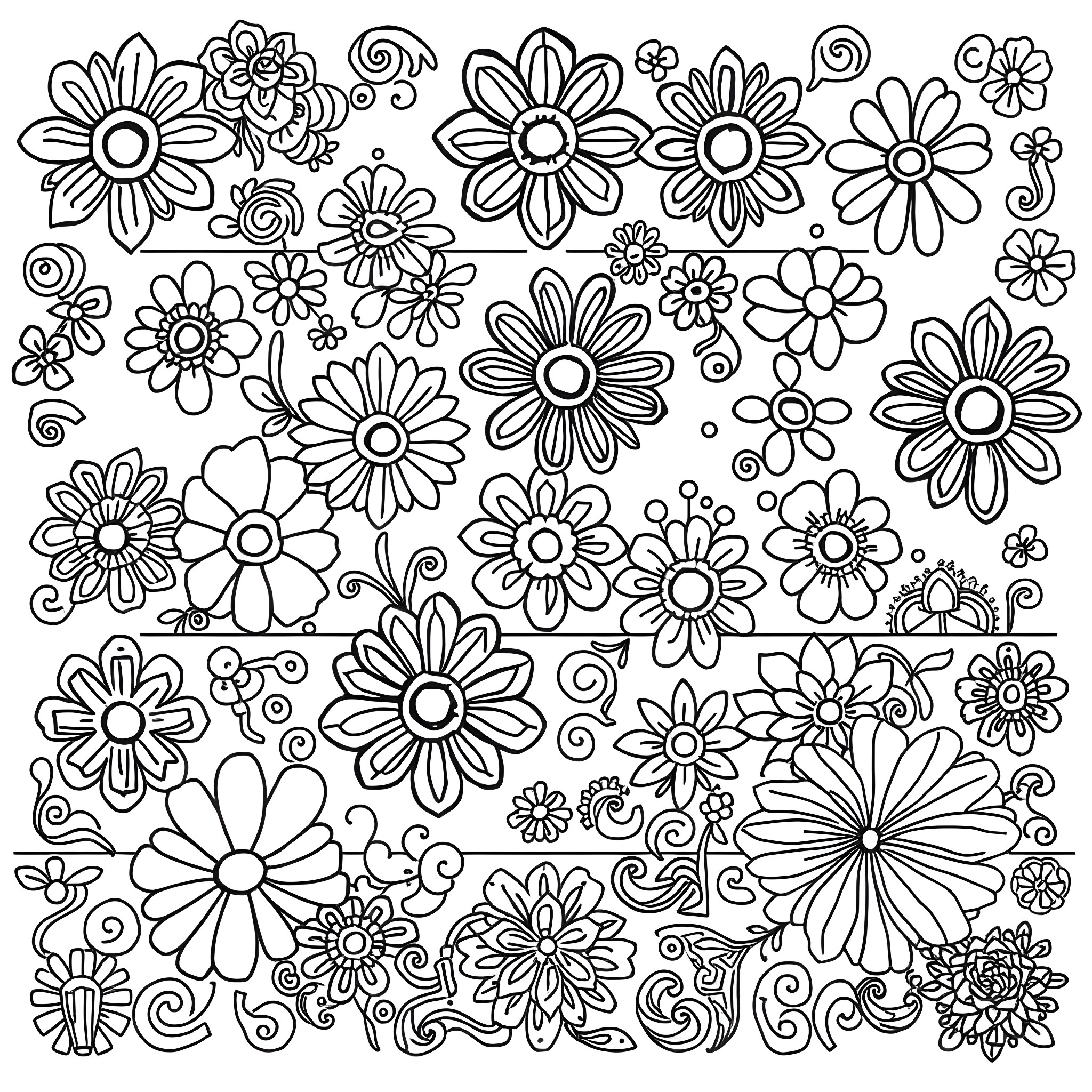 Patchwork of Whimsical Floral Designs Coloring Page (free black-and-white line drawing printable PDF for all, from beginners to advanced learners, including children, teens, adults, and seniors)
