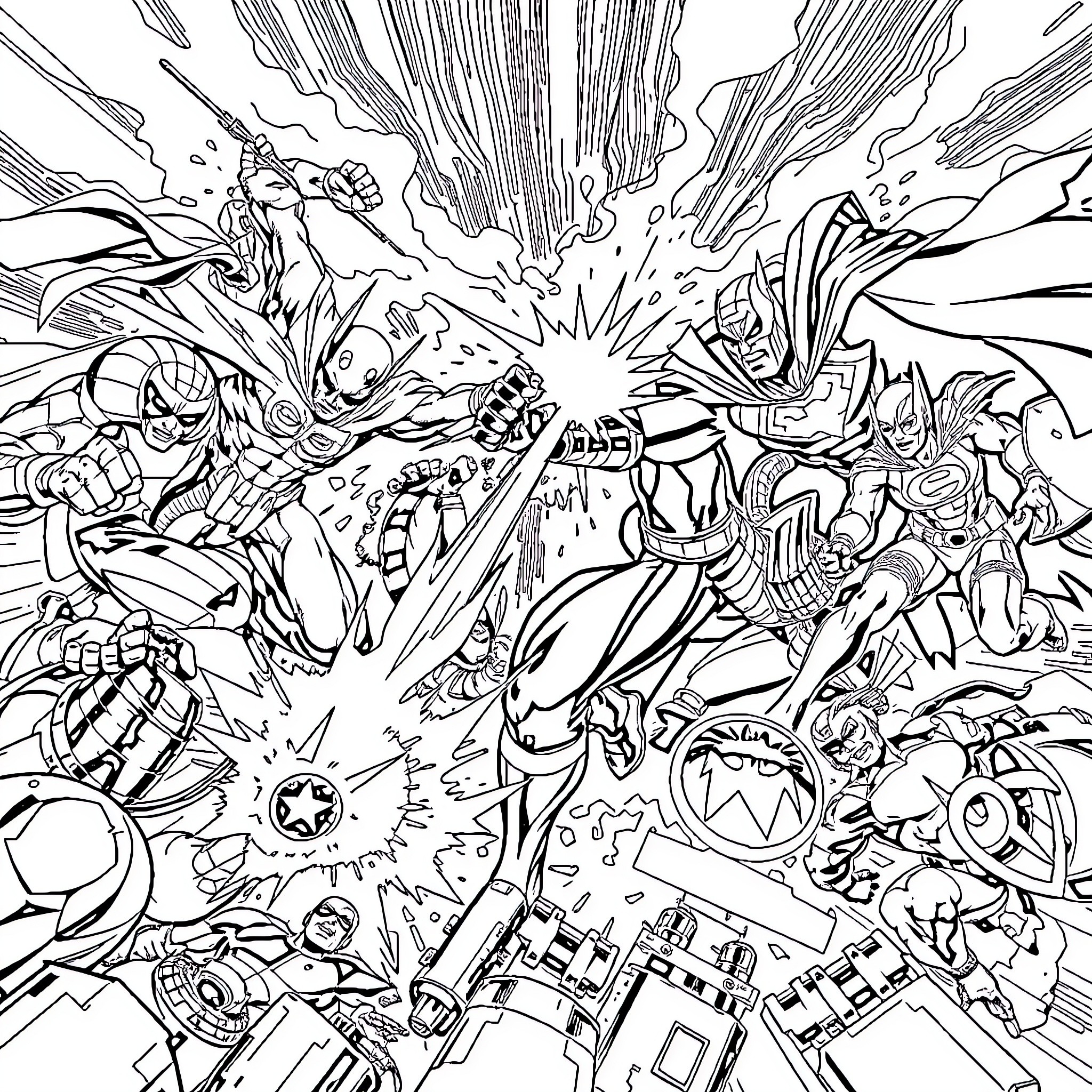 Marvel vs DC: Epic Showdown of Superheroes and Villains Coloring Page (free black-and-white line drawing printable PDF for all, from beginners to advanced learners, including children, teens, adults, and seniors)
