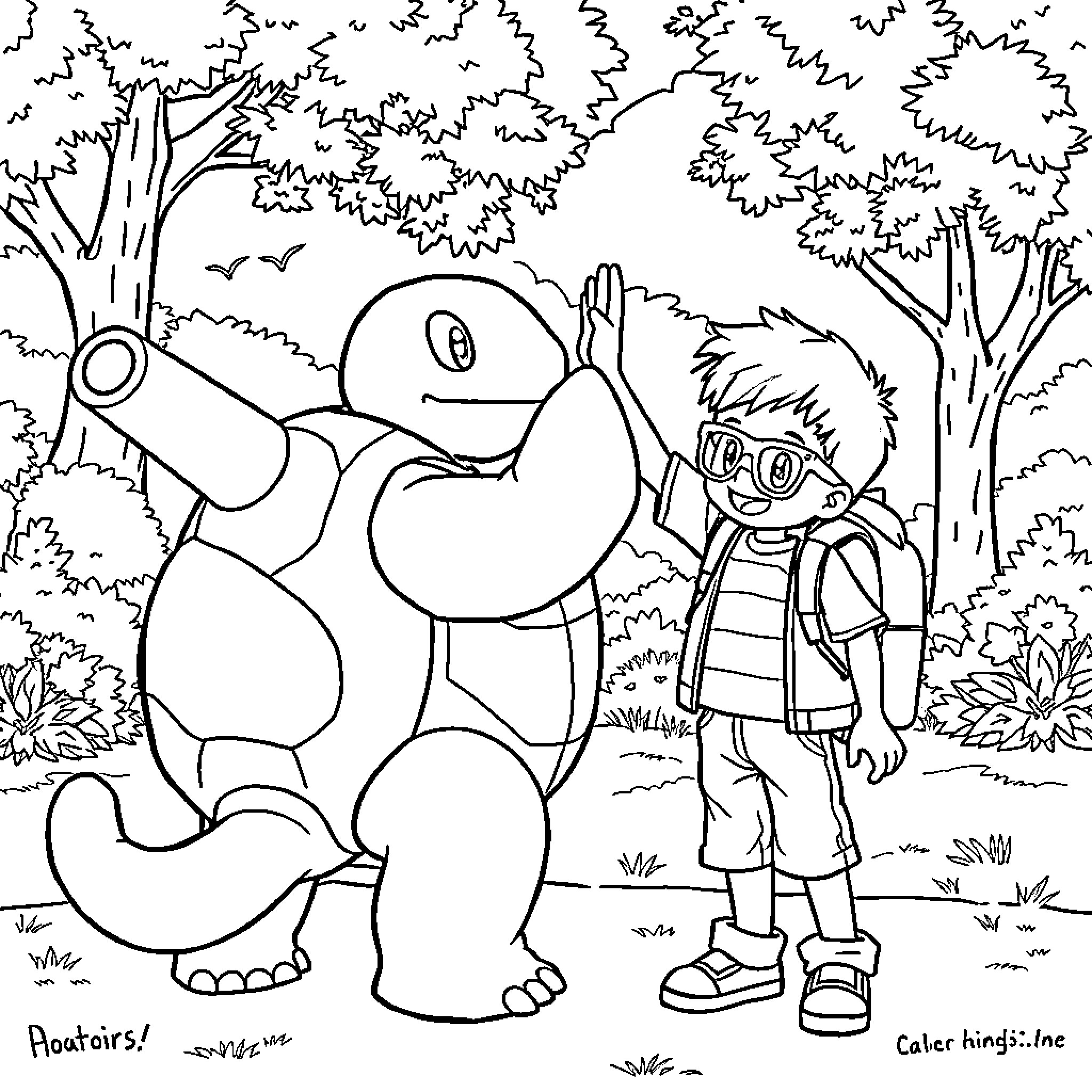 Blastoise and Trainer in Forest Adventure Coloring Page (free black-and-white line drawing printable PDF for all, from beginners to advanced learners, including children, teens, adults, and seniors)