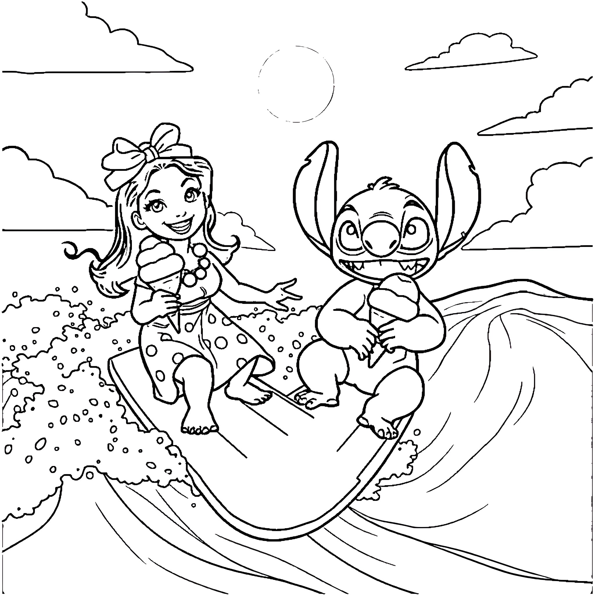 Lilo and Stitch enjoying a sunny day at the beach Coloring Page (free black-and-white line drawing printable PDF for all, from beginners to advanced learners, including children, teens, adults, and seniors)
