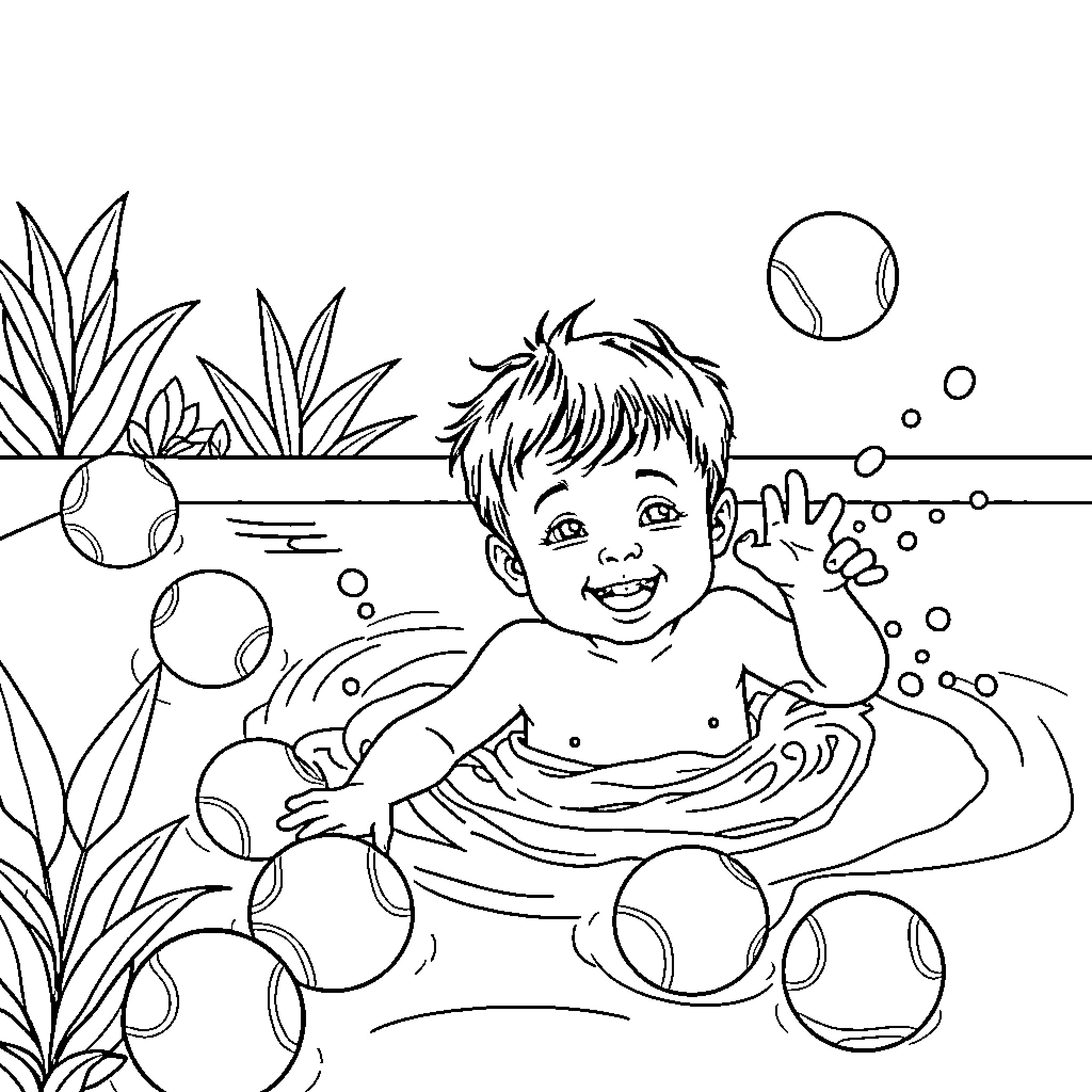 Child playing joyfully in the water Coloring Page (free black-and-white line drawing printable PDF for all, from beginners to advanced learners, including children, teens, adults, and seniors)