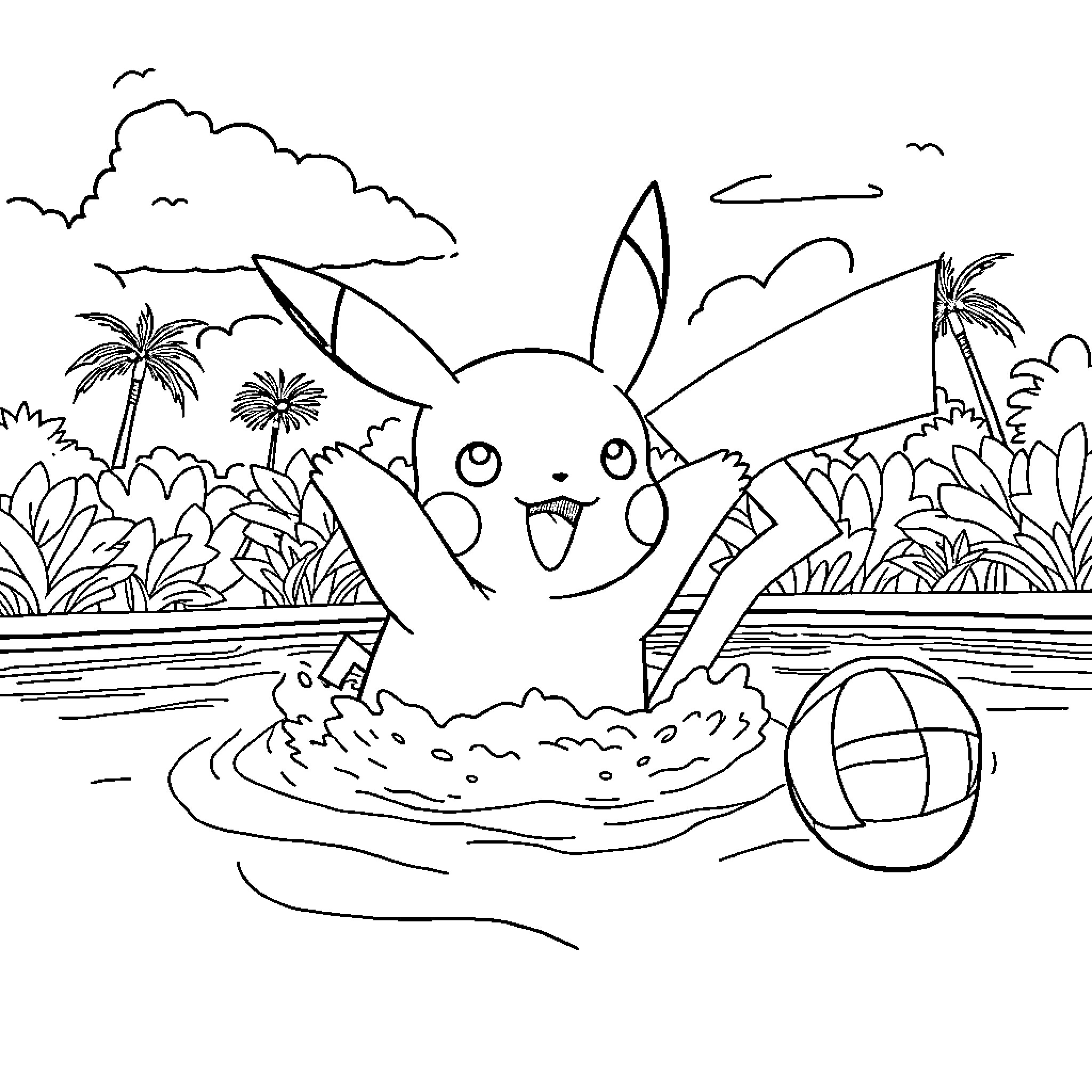 Pikachu splashing joyfully in a swimming pool Coloring Page (free black-and-white line drawing printable PDF for all, from beginners to advanced learners, including children, teens, adults, and seniors)
