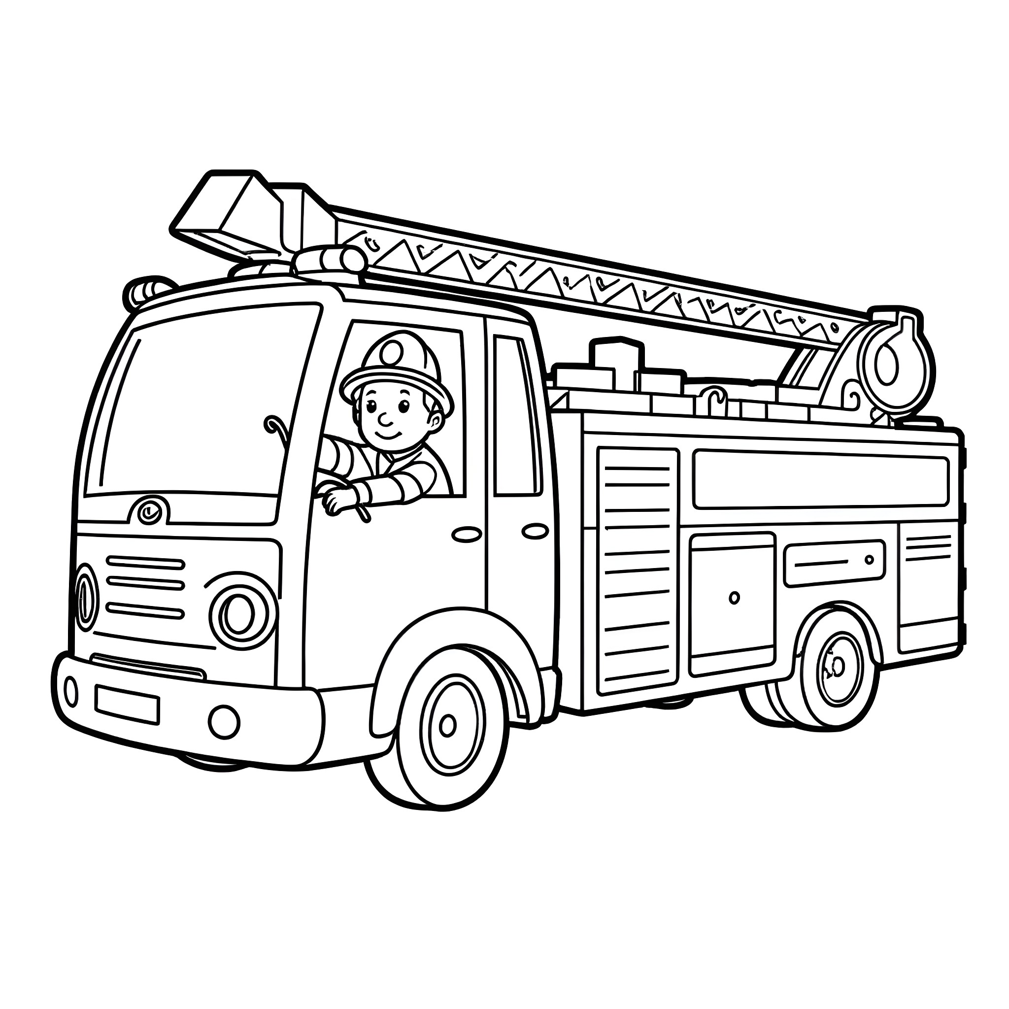 Firefighter operating fire truck with equipment Coloring Page (free black-and-white line drawing printable PDF for all, from beginners to advanced learners, including children, teens, adults, and seniors)