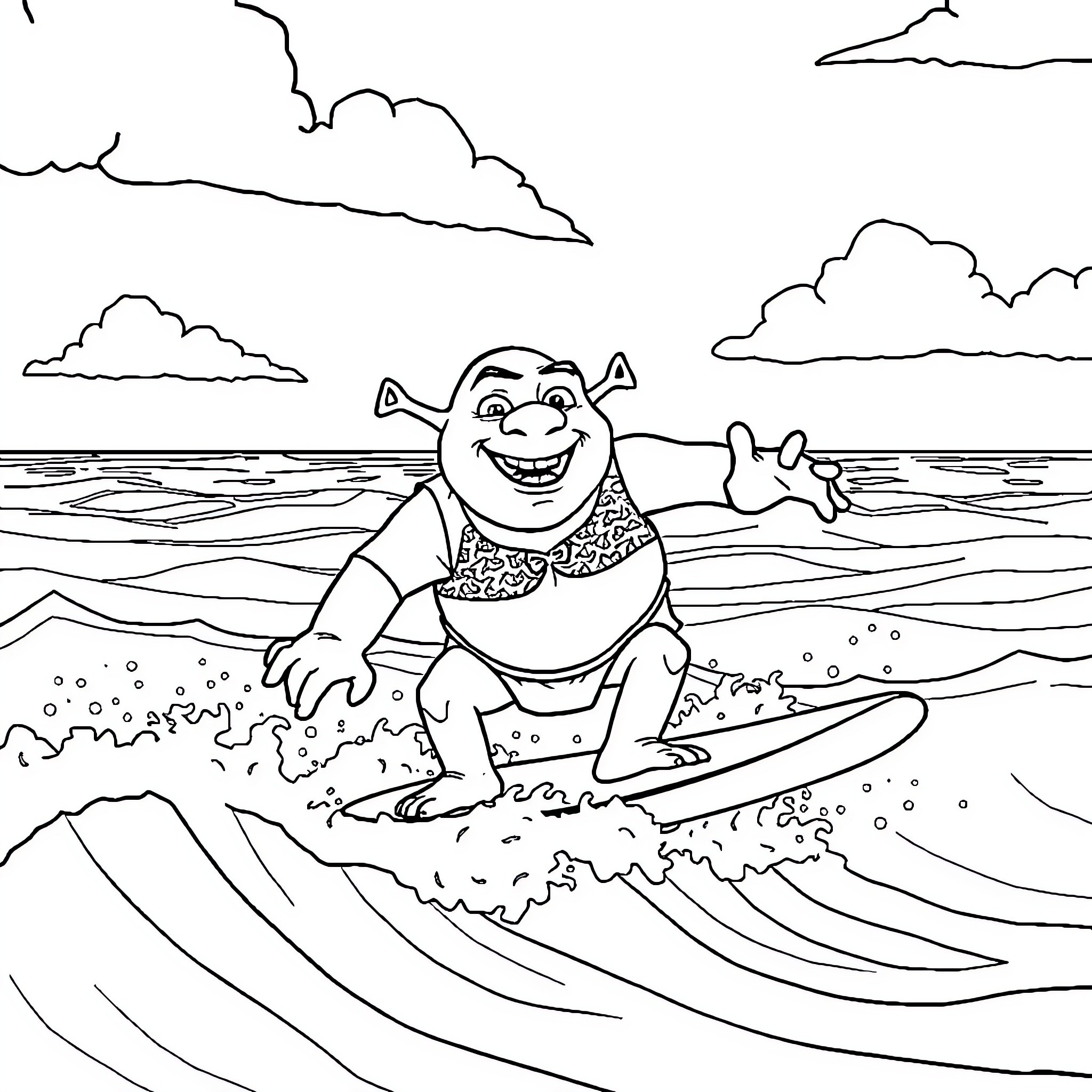 Shrek surfing the waves happily Coloring Page (free black-and-white line drawing printable PDF for all, from beginners to advanced learners, including children, teens, adults, and seniors)