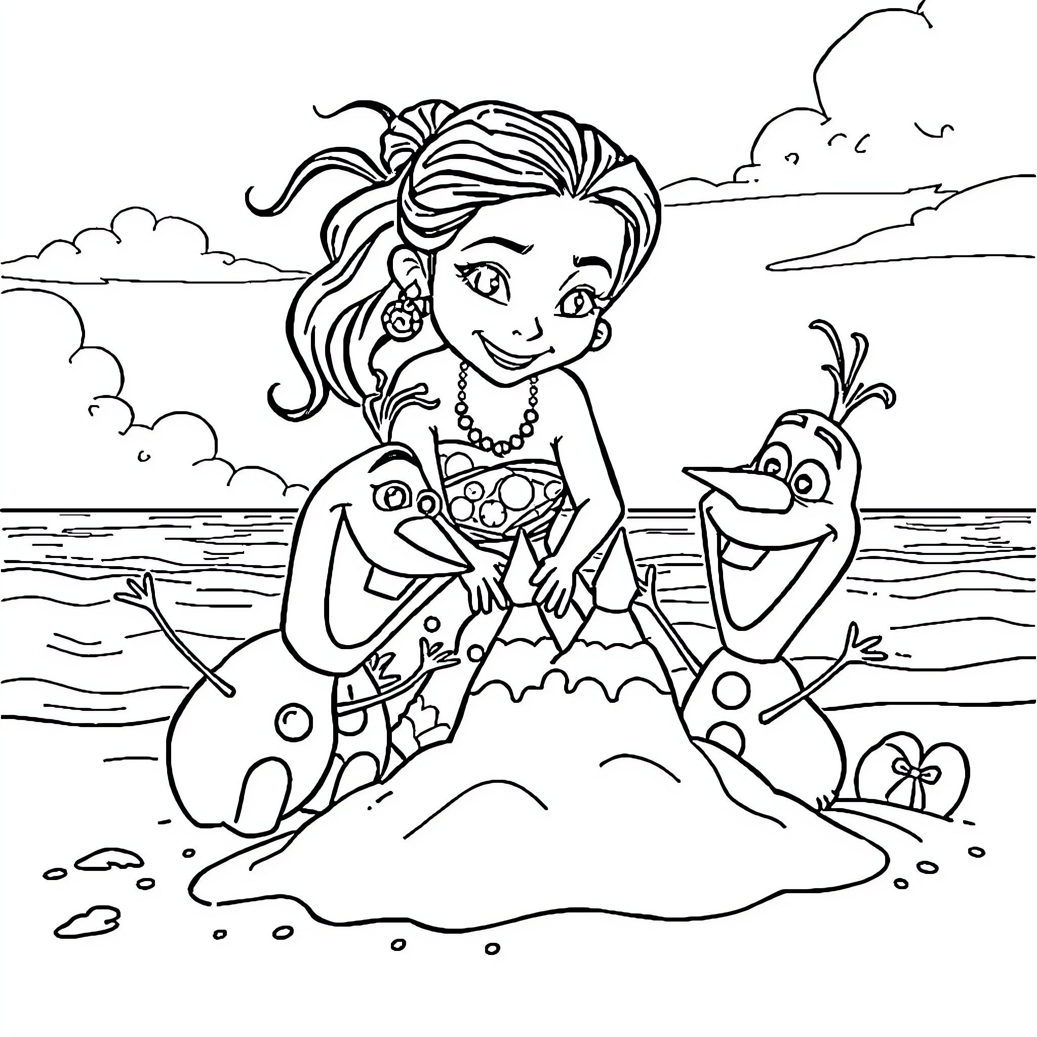Moana playing on the beach with Olaf Coloring Page (free black-and-white line drawing printable PDF for all, from beginners to advanced learners, including children, teens, adults, and seniors)