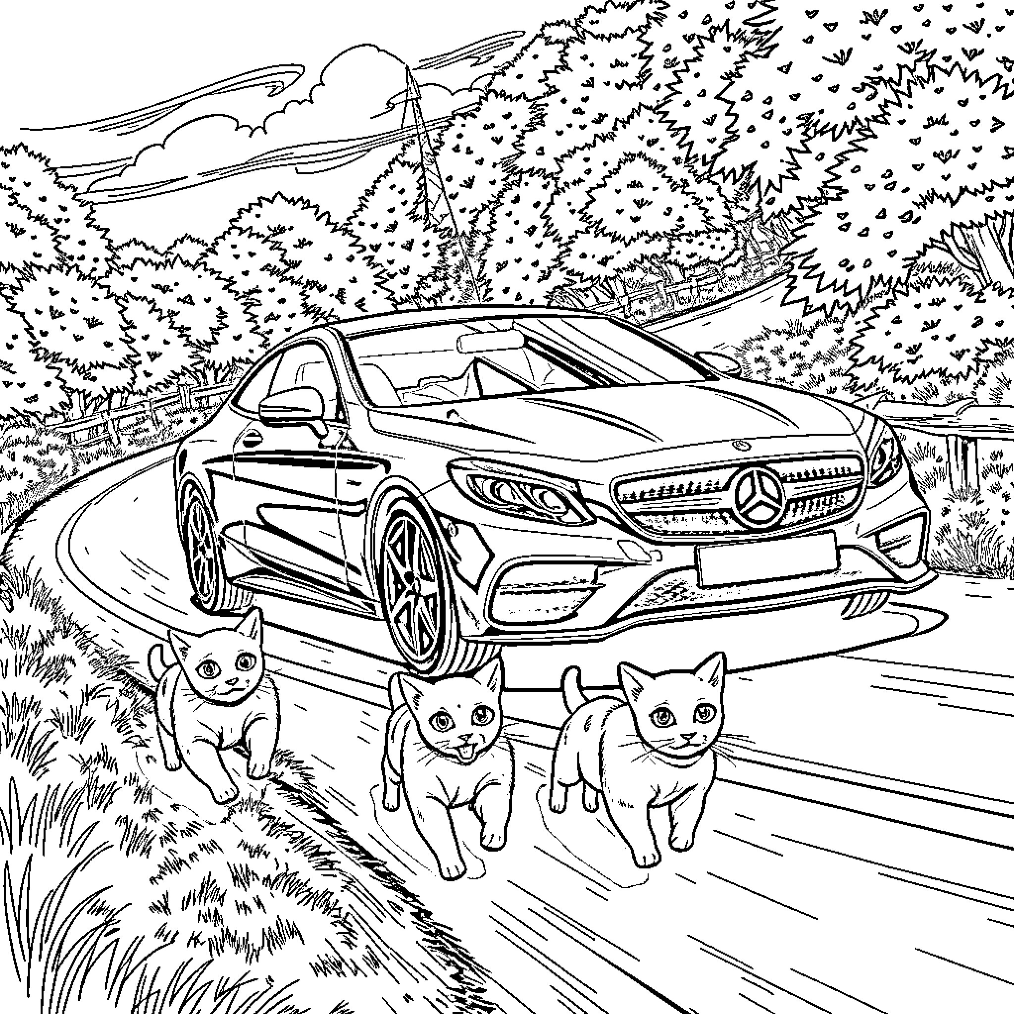 Mercedes-Benz sports car surrounded by playful kittens Coloring Page (free black-and-white line drawing printable PDF for all, from beginners to advanced learners, including children, teens, adults, and seniors)