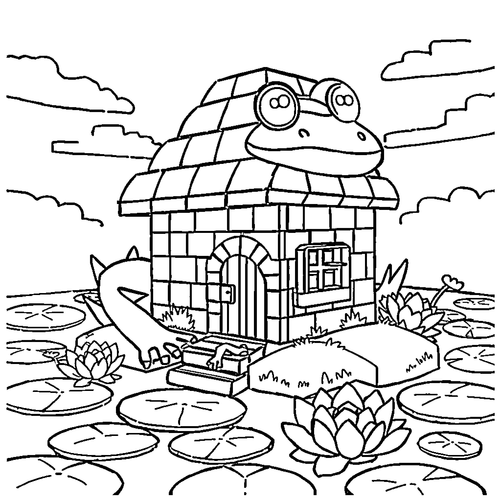 Frog relaxing in cozy house by the pond Coloring Page (free black-and-white line drawing printable PDF for all, from beginners to advanced learners, including children, teens, adults, and seniors)