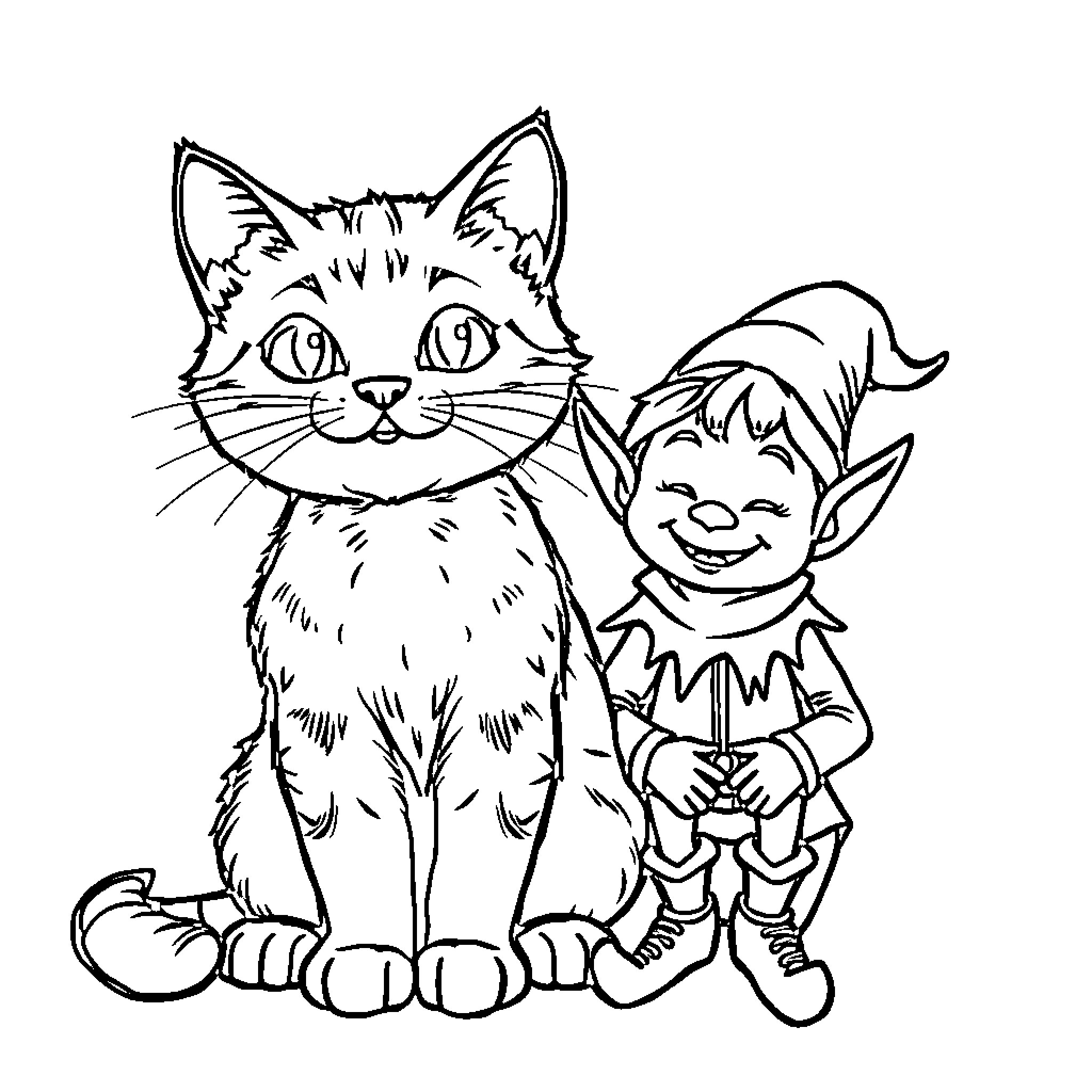 Cat and Elf Companion Coloring Page (free black-and-white line drawing printable PDF for all, from beginners to advanced learners, including children, teens, adults, and seniors)