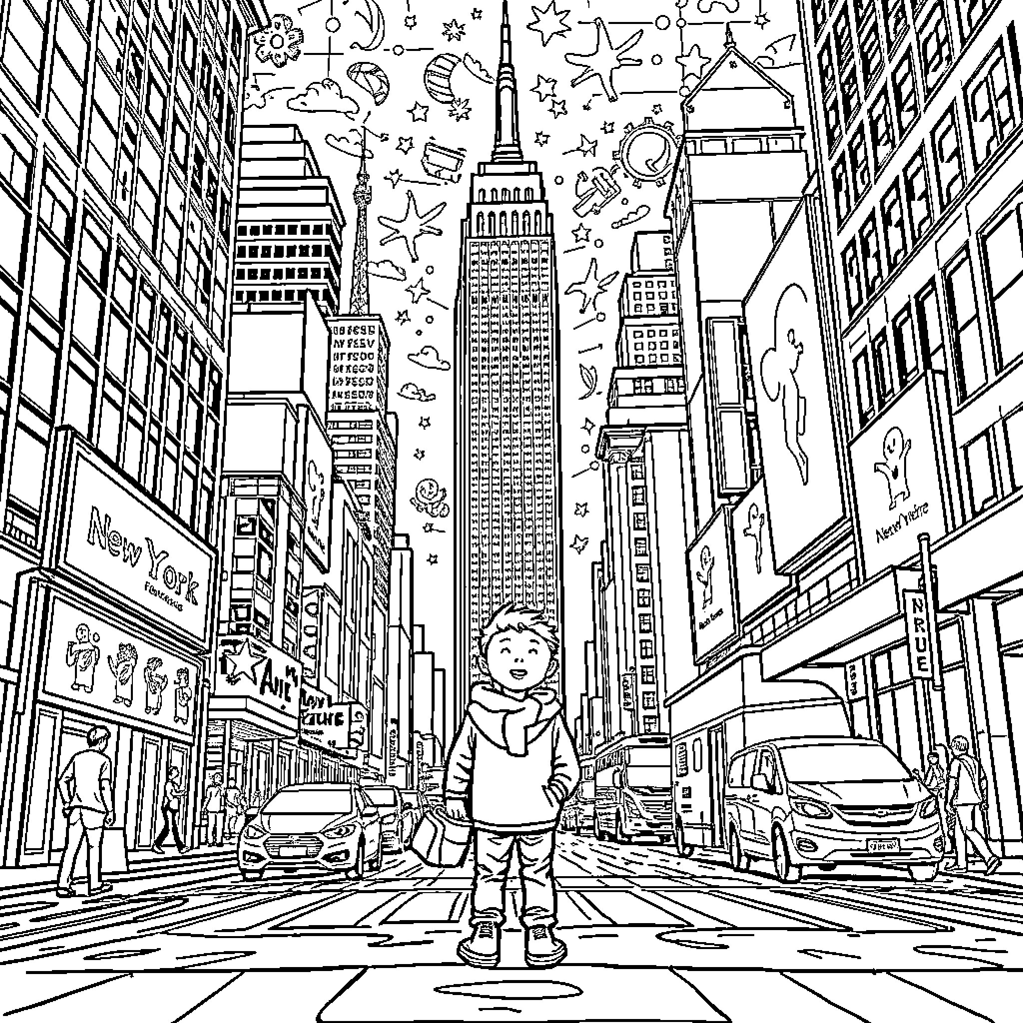Child exploring the vibrant city streets Coloring Page (free black-and-white line drawing printable PDF for all, from beginners to advanced learners, including children, teens, adults, and seniors)