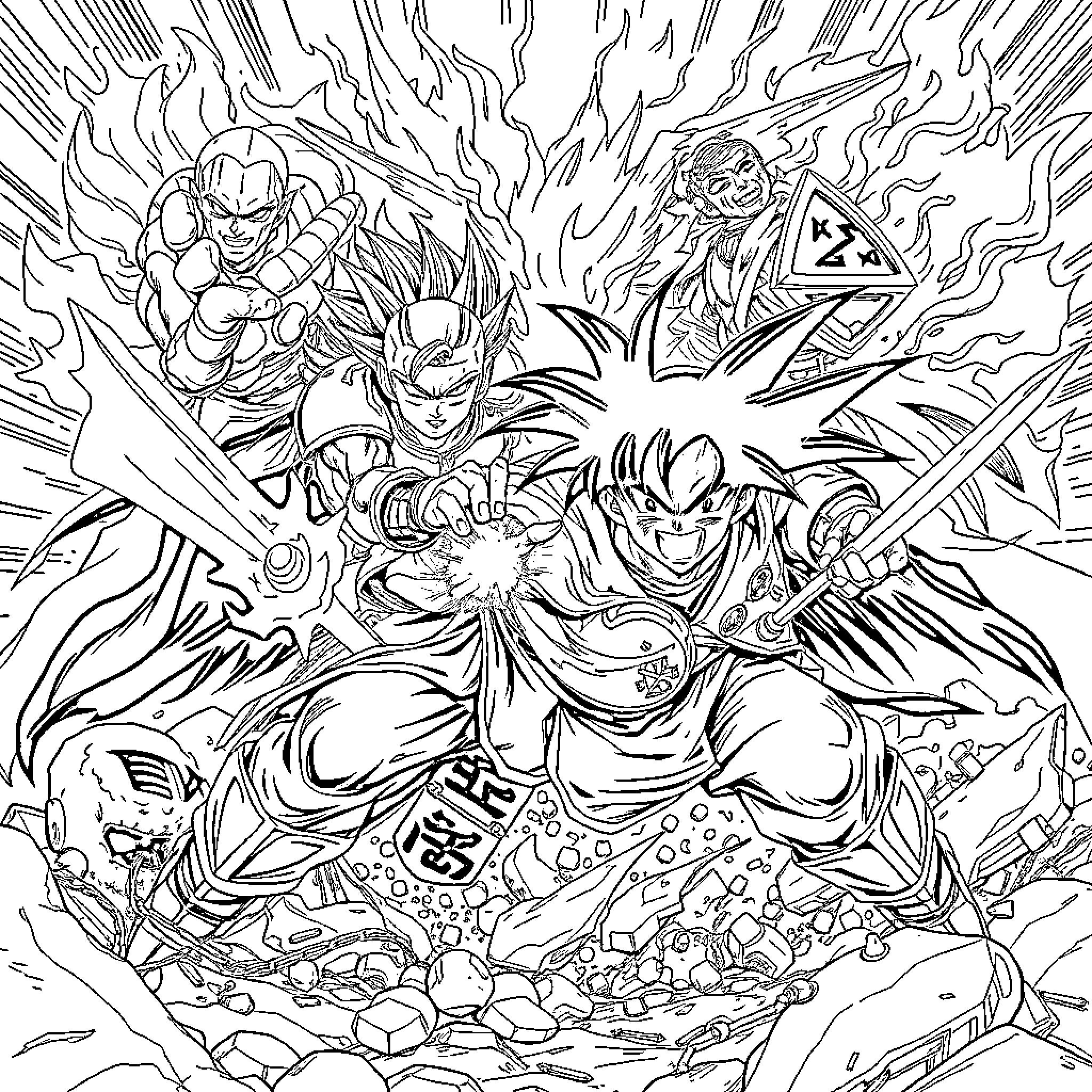 Knight Warriors Engaged in Intense Battle Coloring Page (free black-and-white line drawing printable PDF for all, from beginners to advanced learners, including children, teens, adults, and seniors)