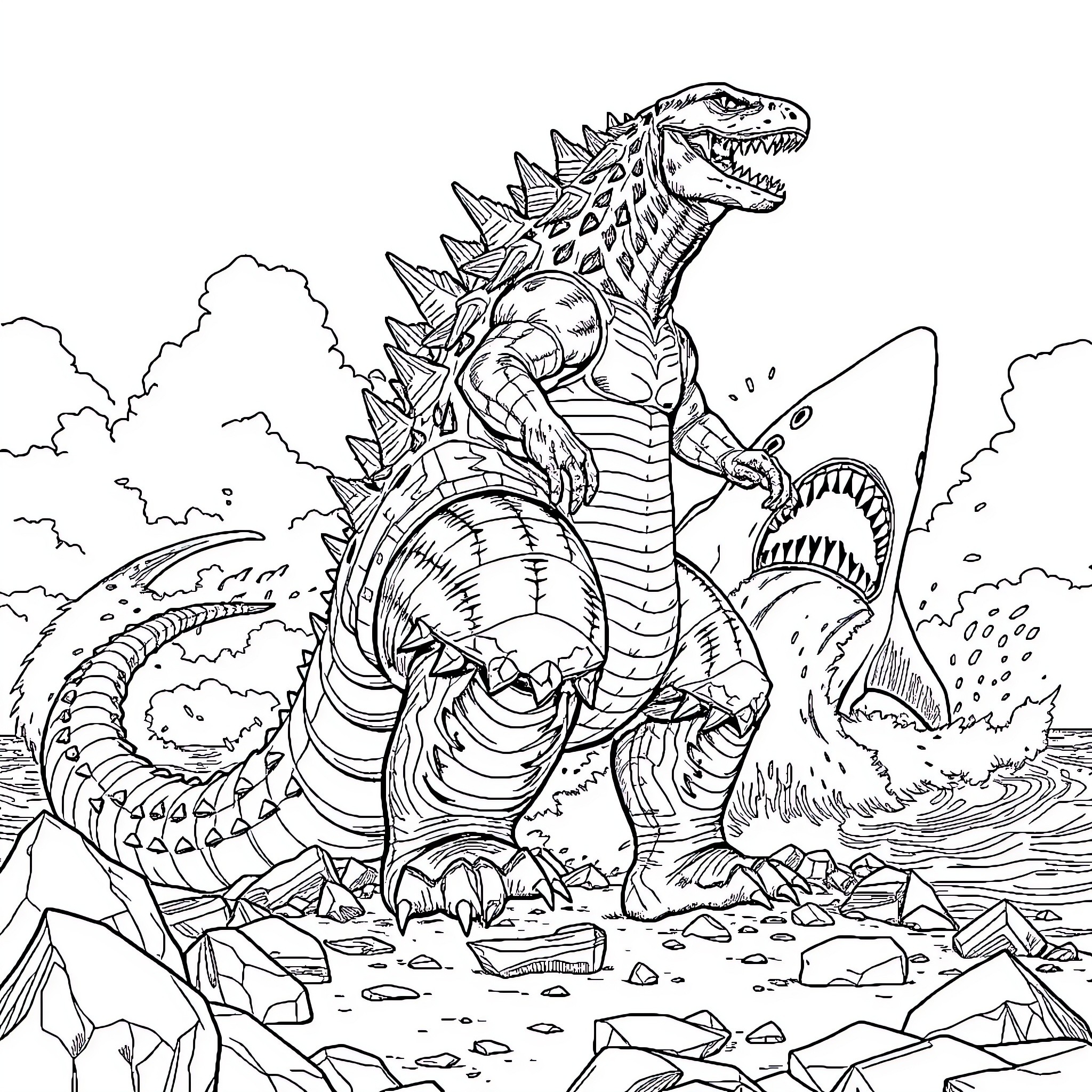 Godzilla battling fierce sea creatures in a rugged landscape Coloring Page (free black-and-white line drawing printable PDF for all, from beginners to advanced learners, including children, teens, adults, and seniors)