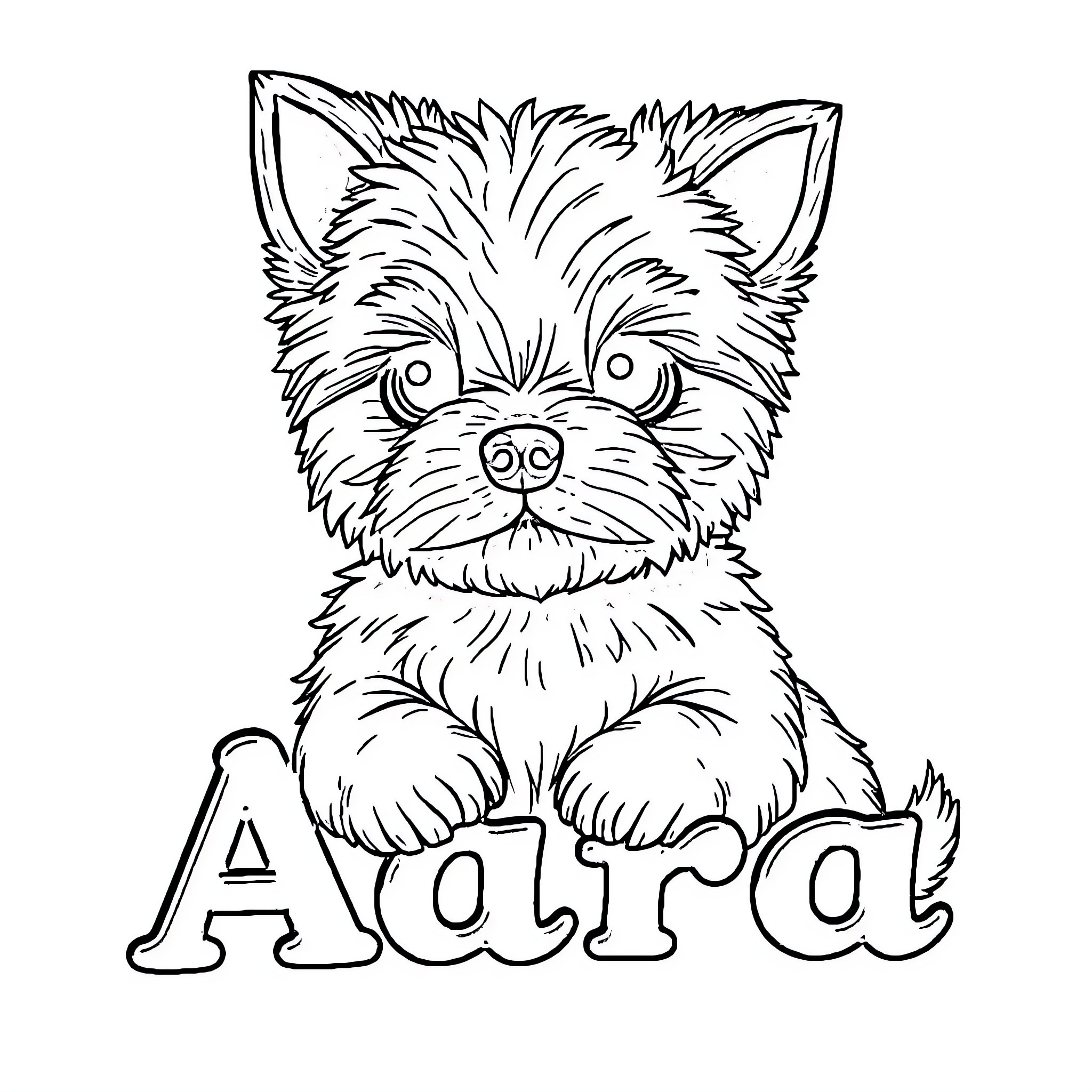 Puppy sitting with name on background Coloring Page (free black-and-white line drawing printable PDF for all, from beginners to advanced learners, including children, teens, adults, and seniors)