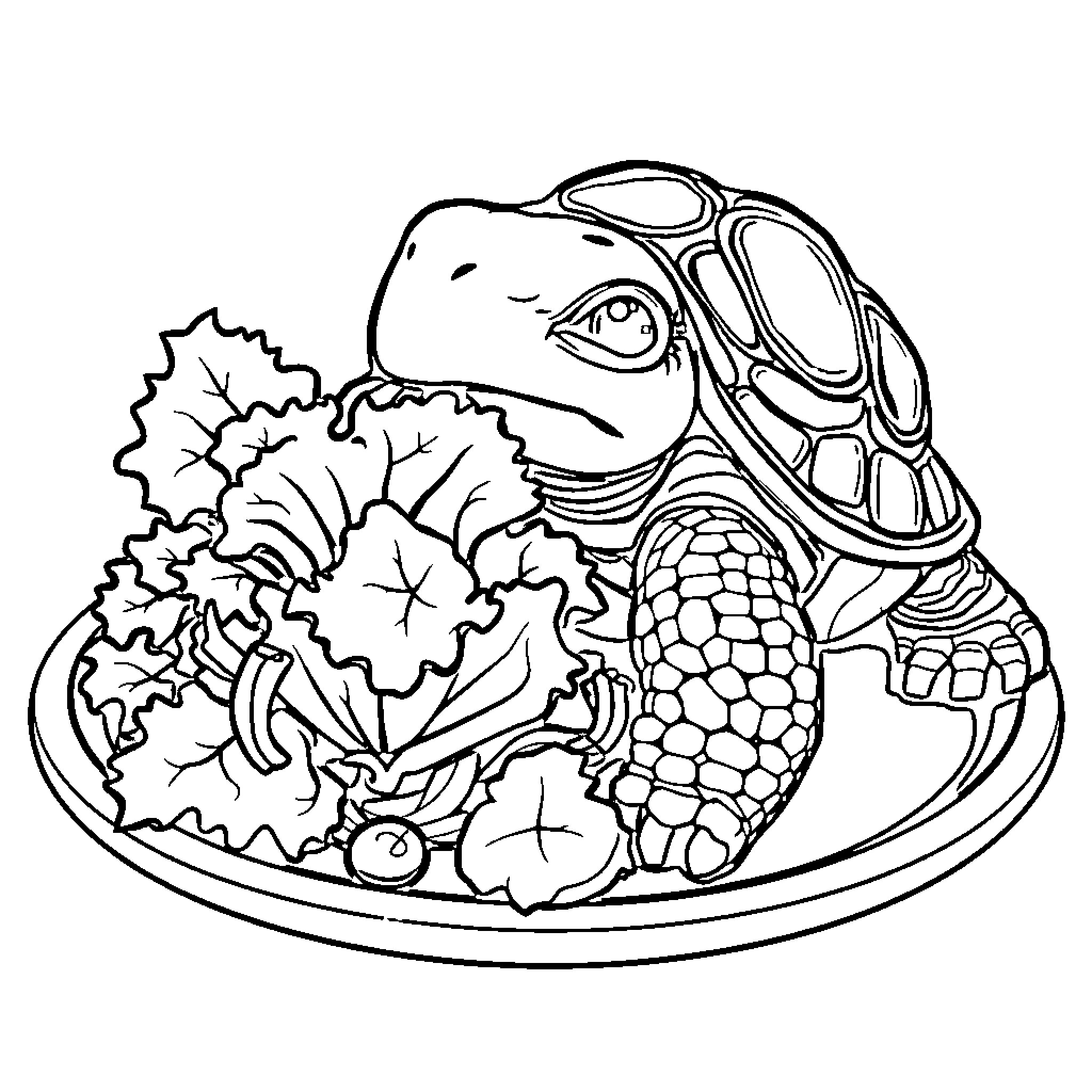 Turtle Enjoying a Delectable Meal Coloring Page (free black-and-white line drawing printable PDF for all, from beginners to advanced learners, including children, teens, adults, and seniors)