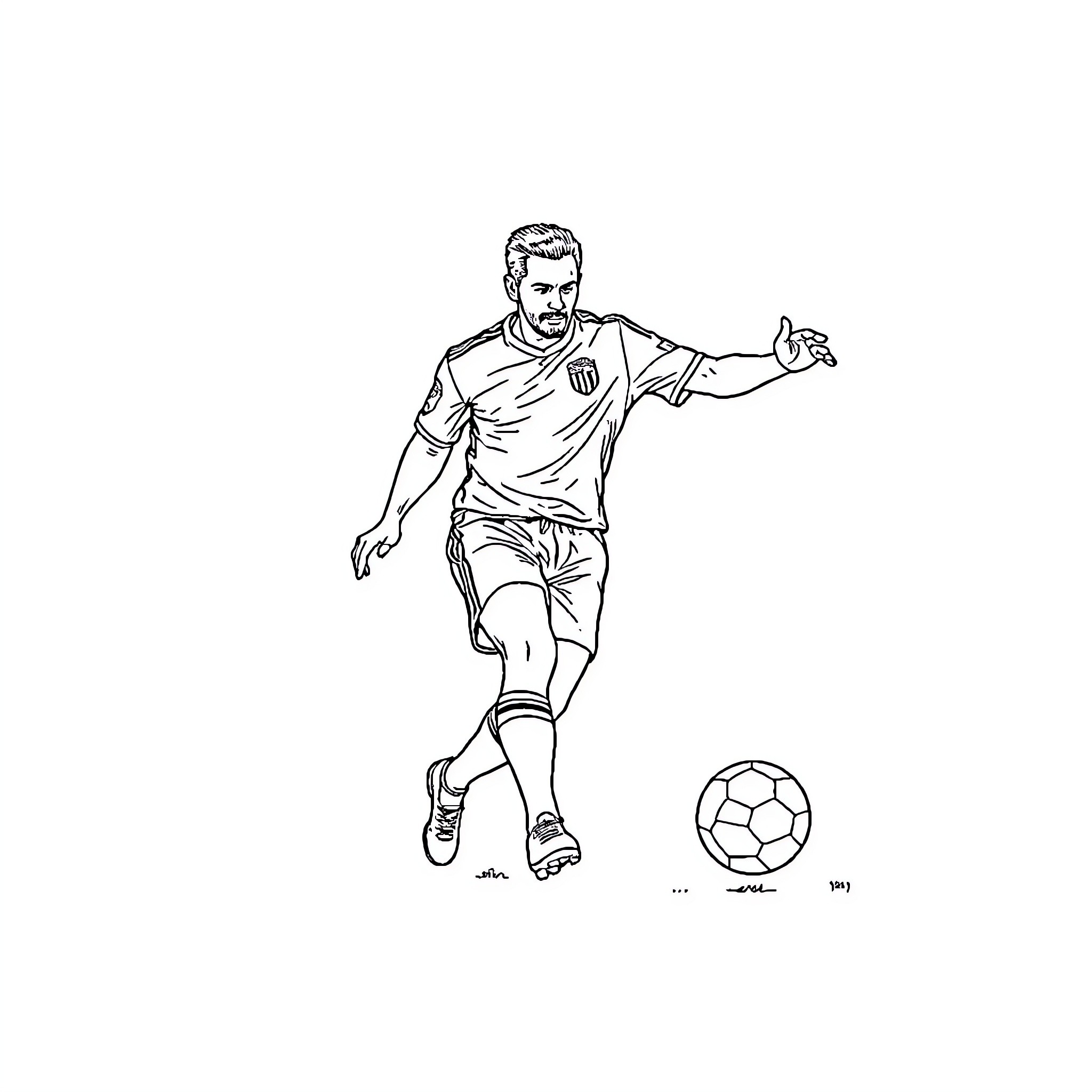 Pelé in action, dribbling a soccer ball Coloring Page (free black-and-white line drawing printable PDF for all, from beginners to advanced learners, including children, teens, adults, and seniors)