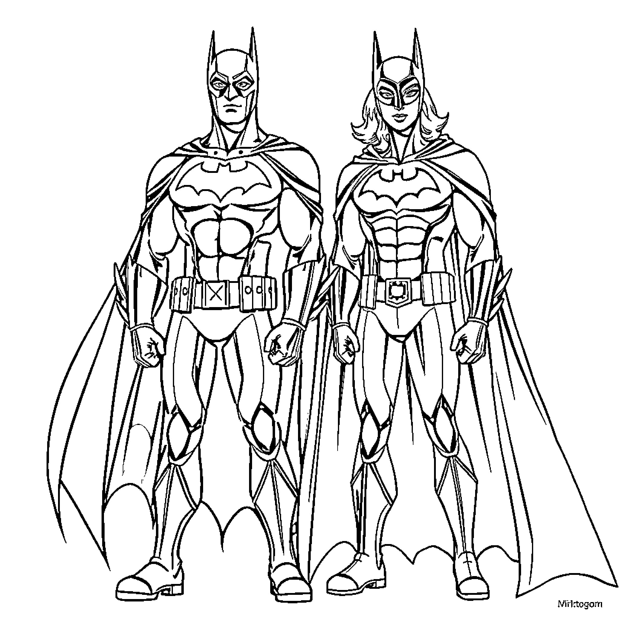 Mia K's Heroic Duo: Batman and Batgirl Coloring Page (free black-and-white line drawing printable PDF for all, from beginners to advanced learners, including children, teens, adults, and seniors)