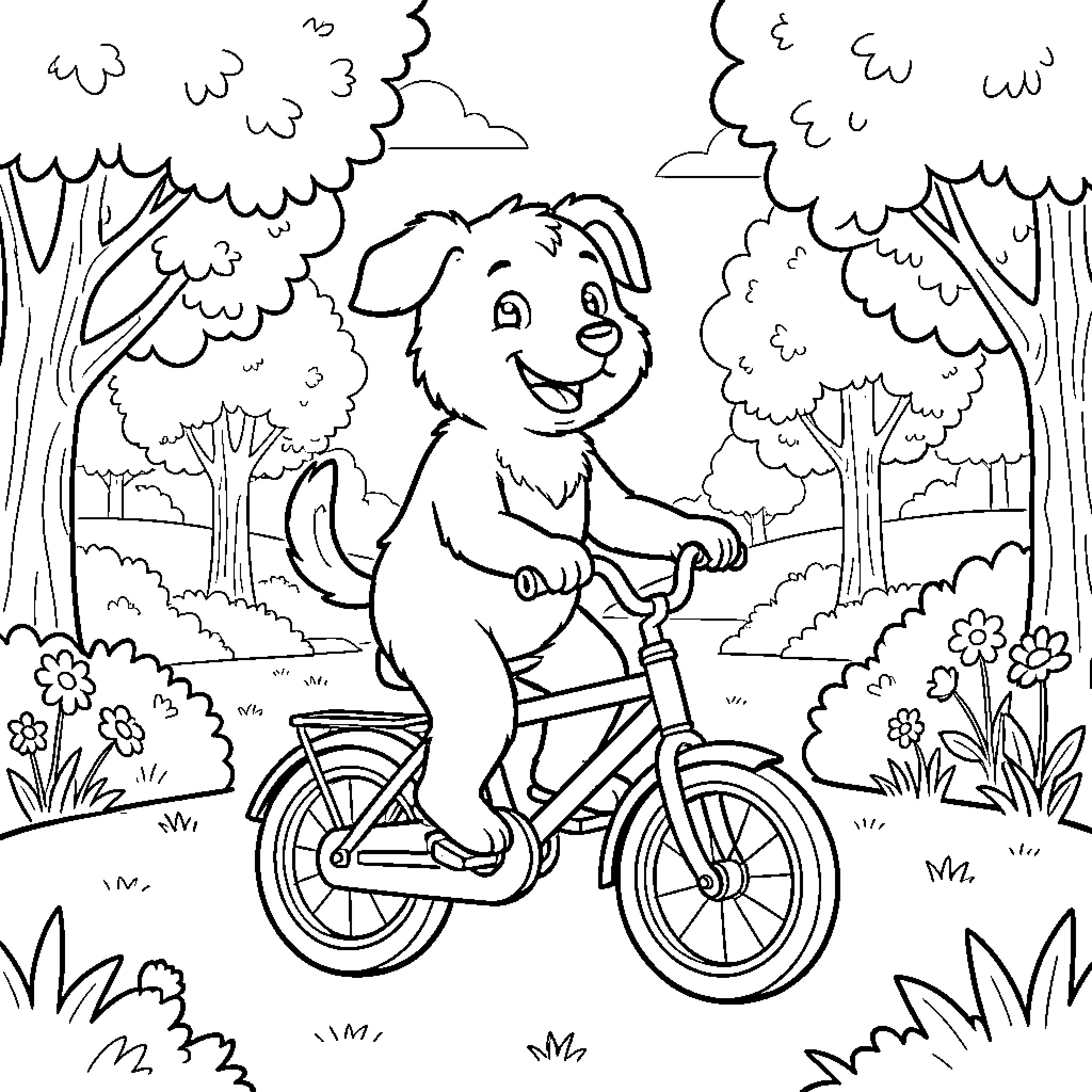 Dog riding bicycle in the forest Coloring Page (free black-and-white line drawing printable PDF for all, from beginners to advanced learners, including children, teens, adults, and seniors)