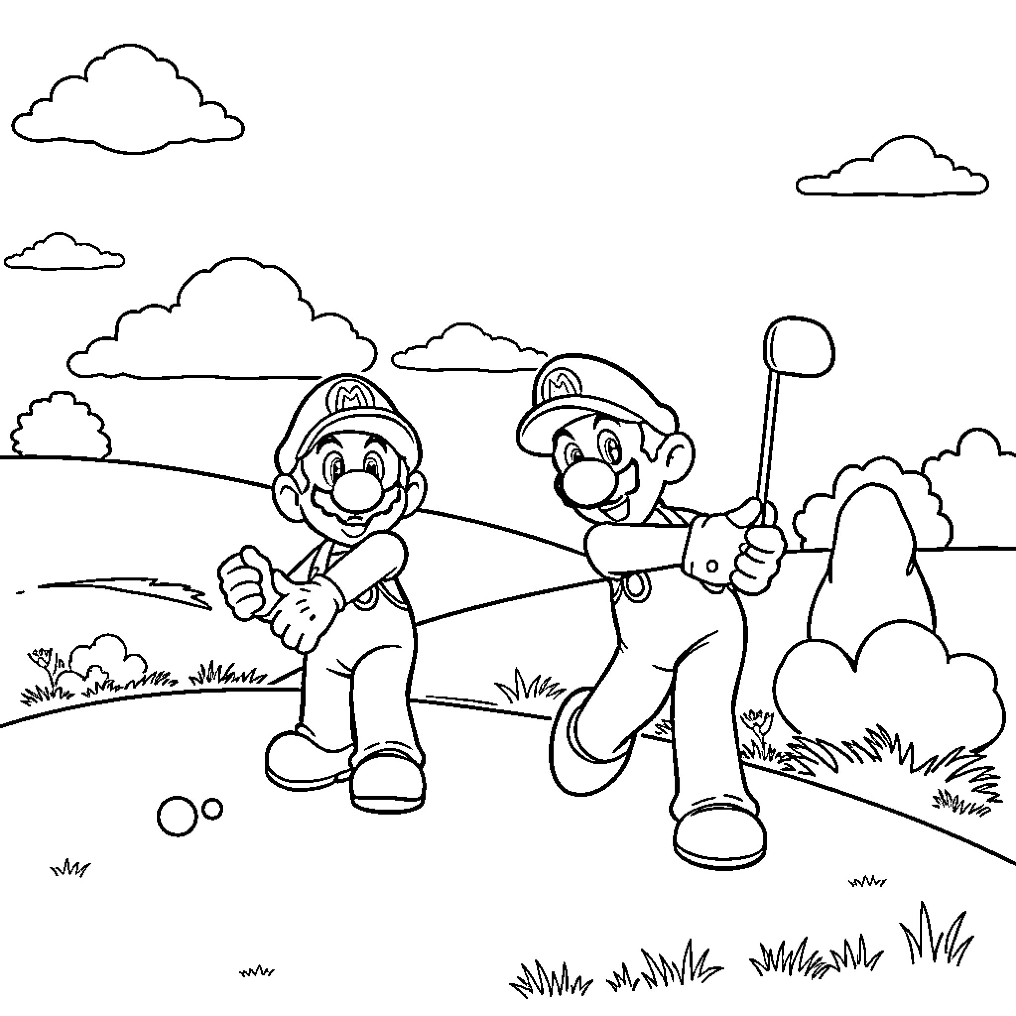 Mario and Luigi playing together in the countryside Coloring Page (free black-and-white line drawing printable PDF for all, from beginners to advanced learners, including children, teens, adults, and seniors)