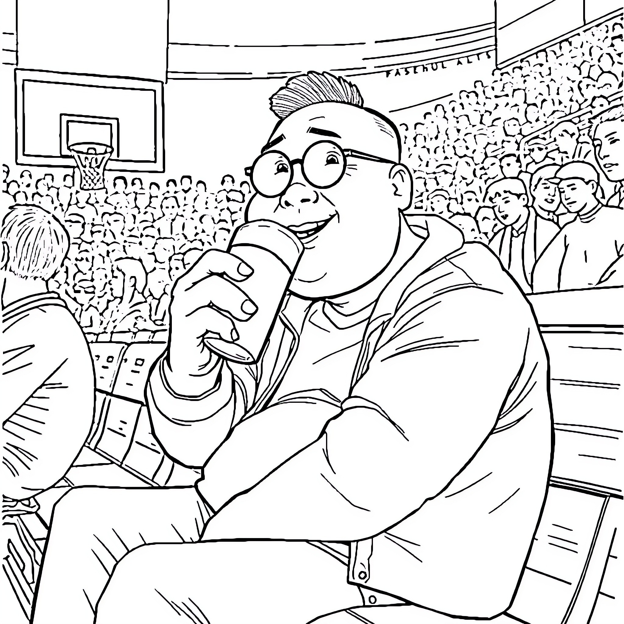 Man smiling happily at a basketball game in a crowd Coloring Page (free black-and-white line drawing printable PDF for all, from beginners to advanced learners, including children, teens, adults, and seniors)