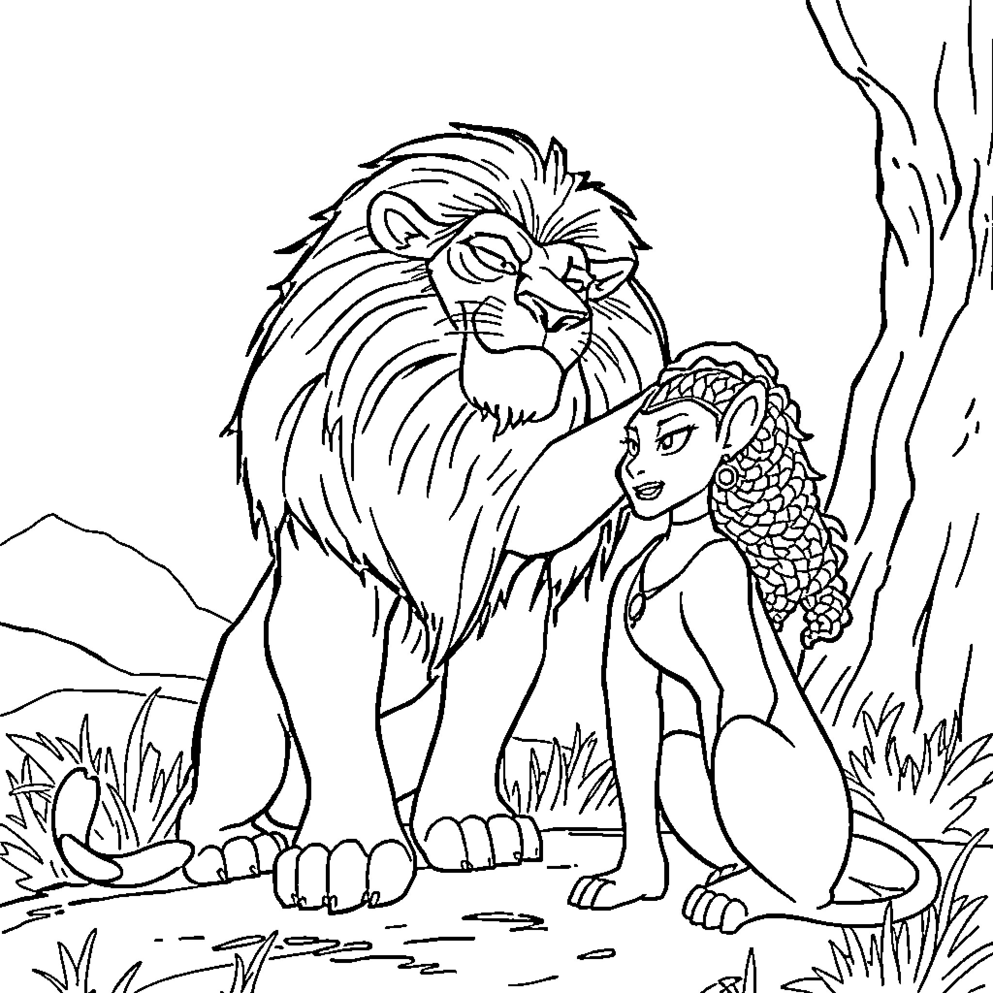 Scar and Nala's Encounter in the Wild Coloring Page (free black-and-white line drawing printable PDF for all, from beginners to advanced learners, including children, teens, adults, and seniors)