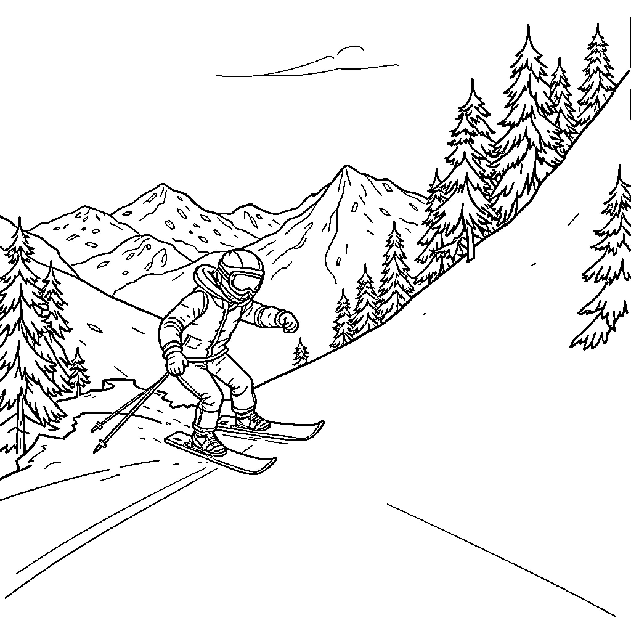 Brainrot: Skier descending through snowy mountain landscape Coloring Page (free black-and-white line drawing printable PDF for all, from beginners to advanced learners, including children, teens, adults, and seniors)