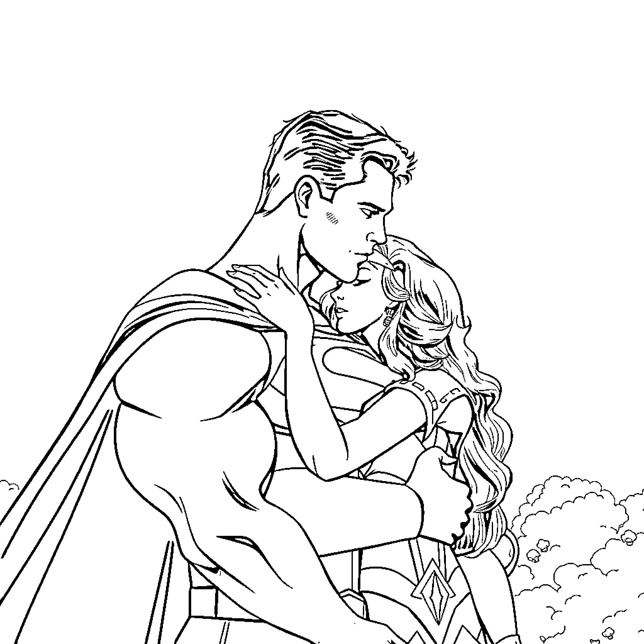 Superman embracing Wonder Woman in a tender moment Coloring Page (free black-and-white line drawing printable PDF for all, from beginners to advanced learners, including children, teens, adults, and seniors)