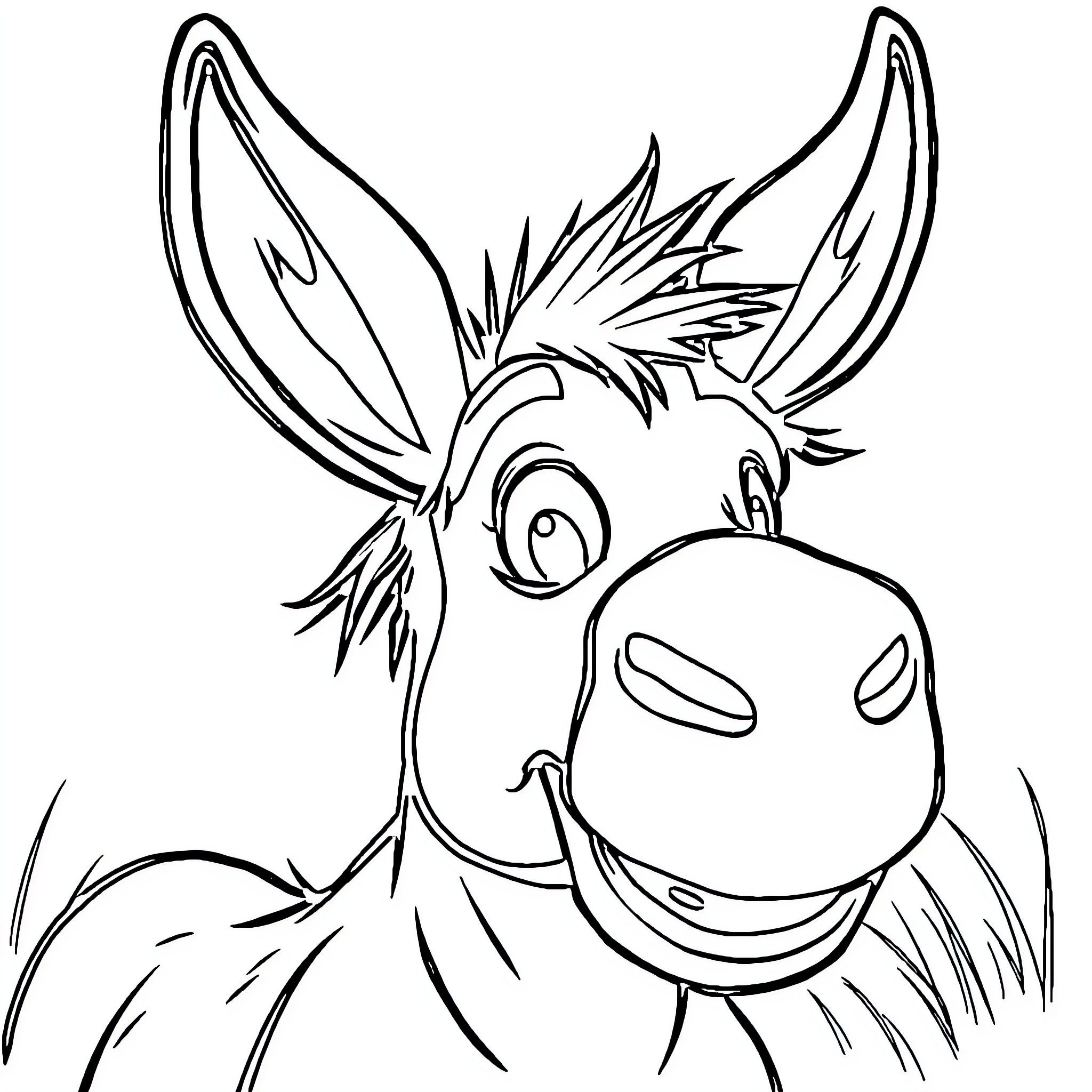 Ass-tounding donkey with expressive features Coloring Page (free black-and-white line drawing printable PDF for all, from beginners to advanced learners, including children, teens, adults, and seniors)