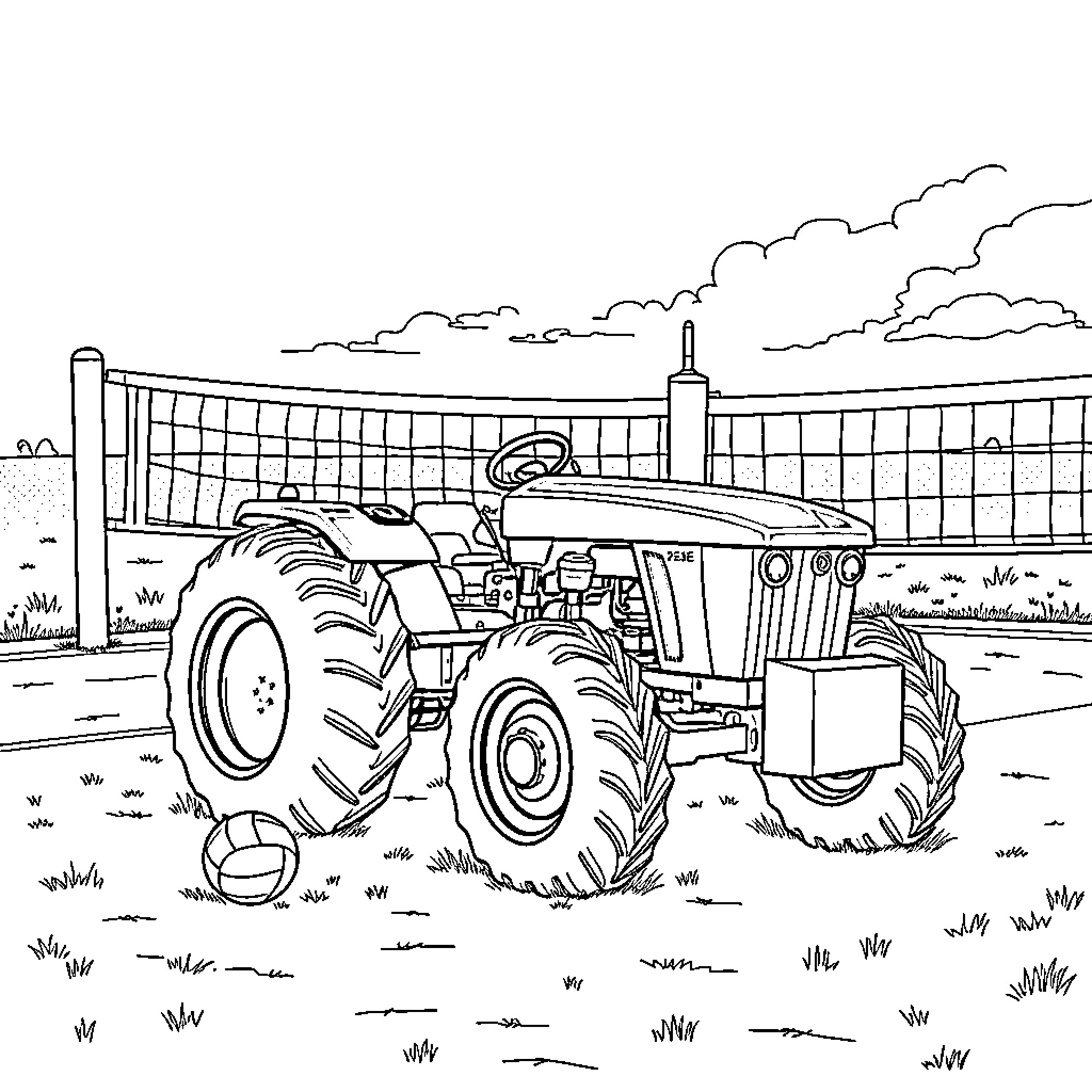 Tractor plowing field on a cloudy day Coloring Page (free black-and-white line drawing printable PDF for all, from beginners to advanced learners, including children, teens, adults, and seniors)