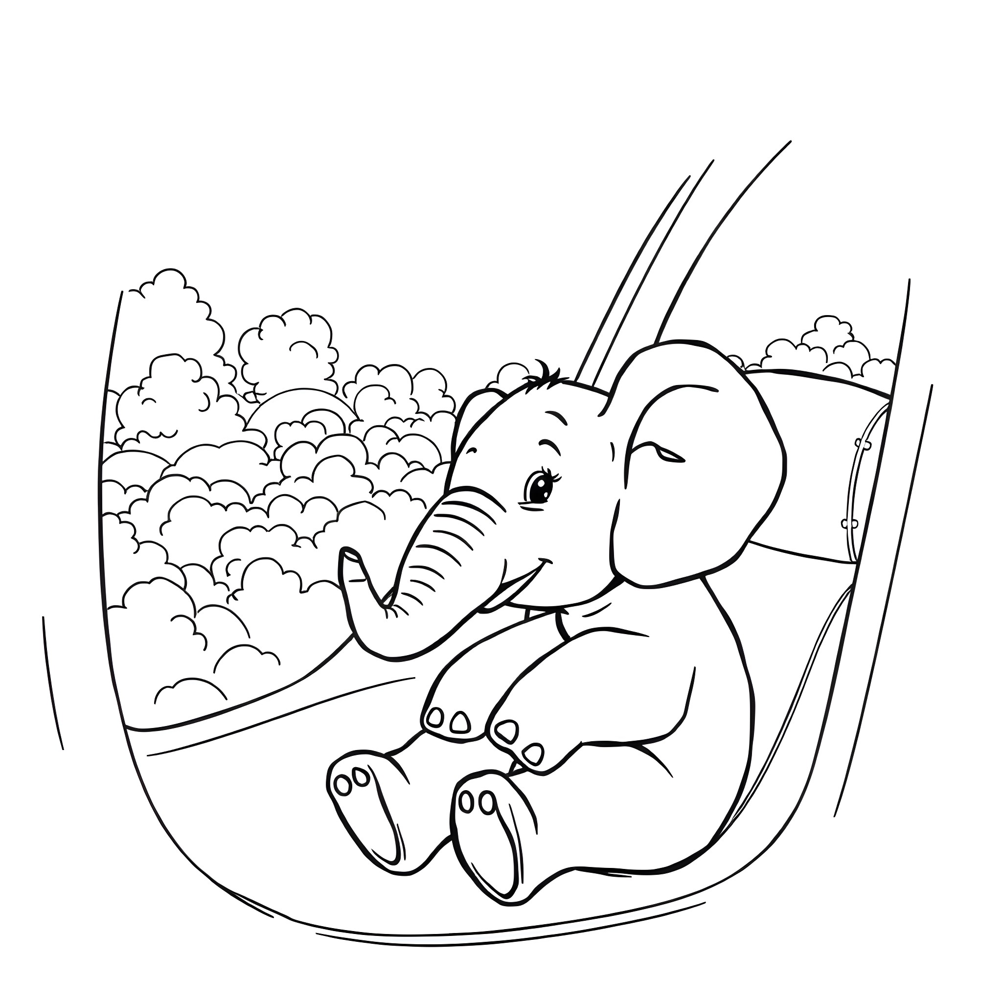Elephant resting peacefully in the nature Coloring Page (free black-and-white line drawing printable PDF for all, from beginners to advanced learners, including children, teens, adults, and seniors)