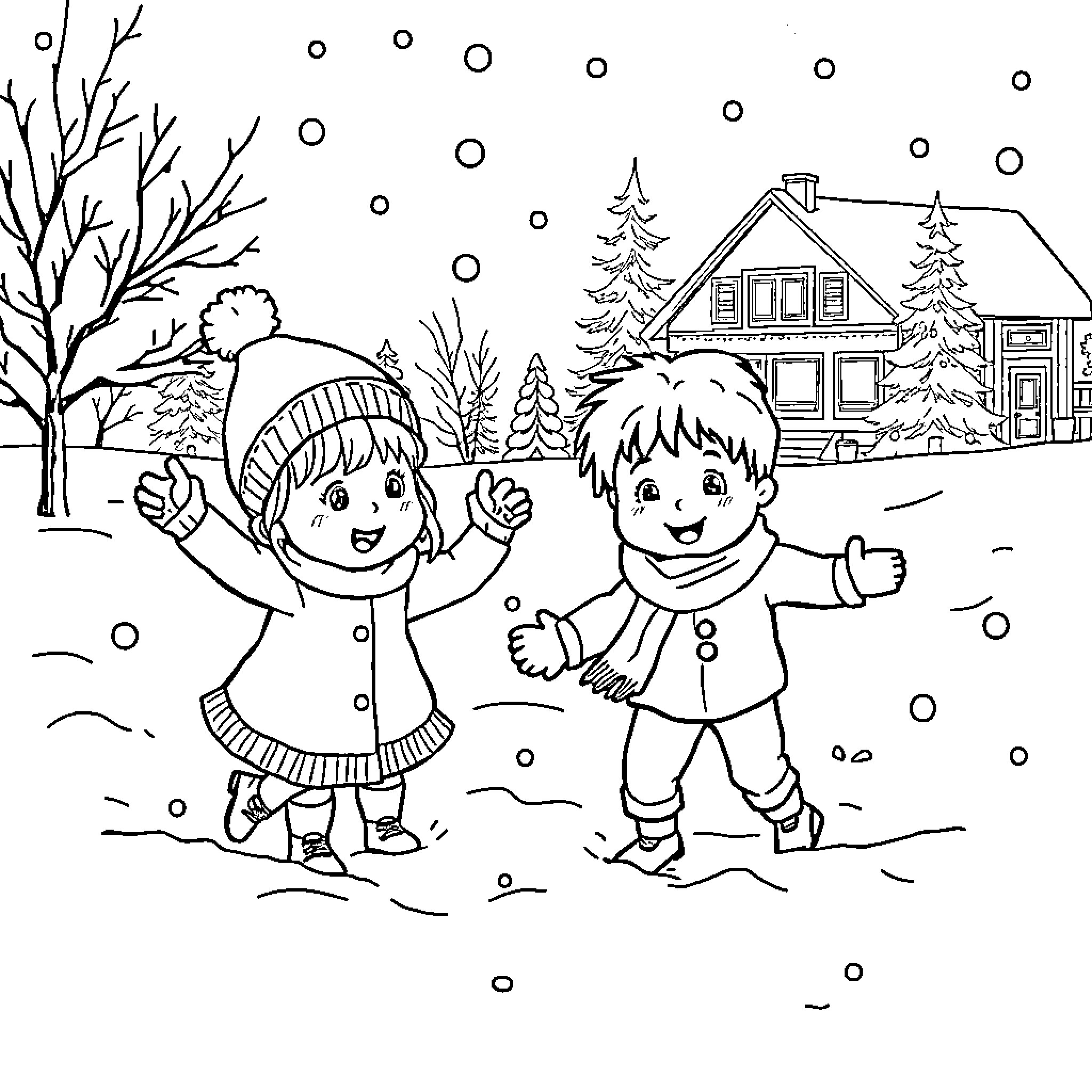 Children playing joyfully in the snowy landscape Coloring Page (free black-and-white line drawing printable PDF for all, from beginners to advanced learners, including children, teens, adults, and seniors)