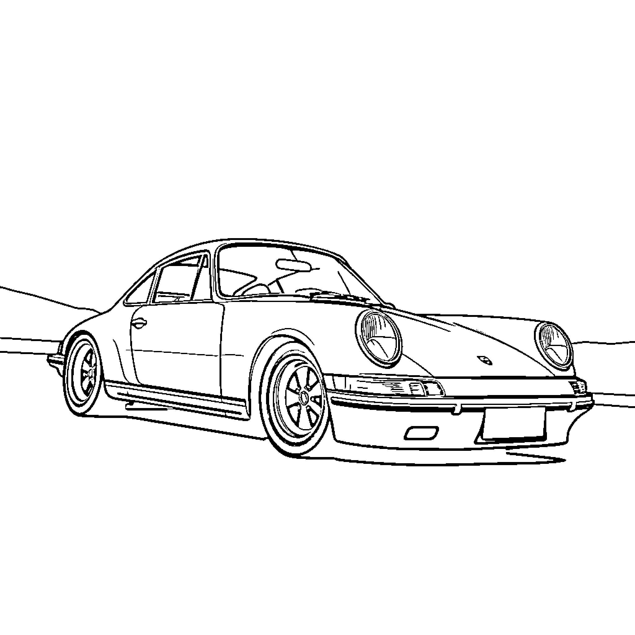 Porsche sports car in racing stance Coloring Page (free black-and-white line drawing printable PDF for all, from beginners to advanced learners, including children, teens, adults, and seniors)