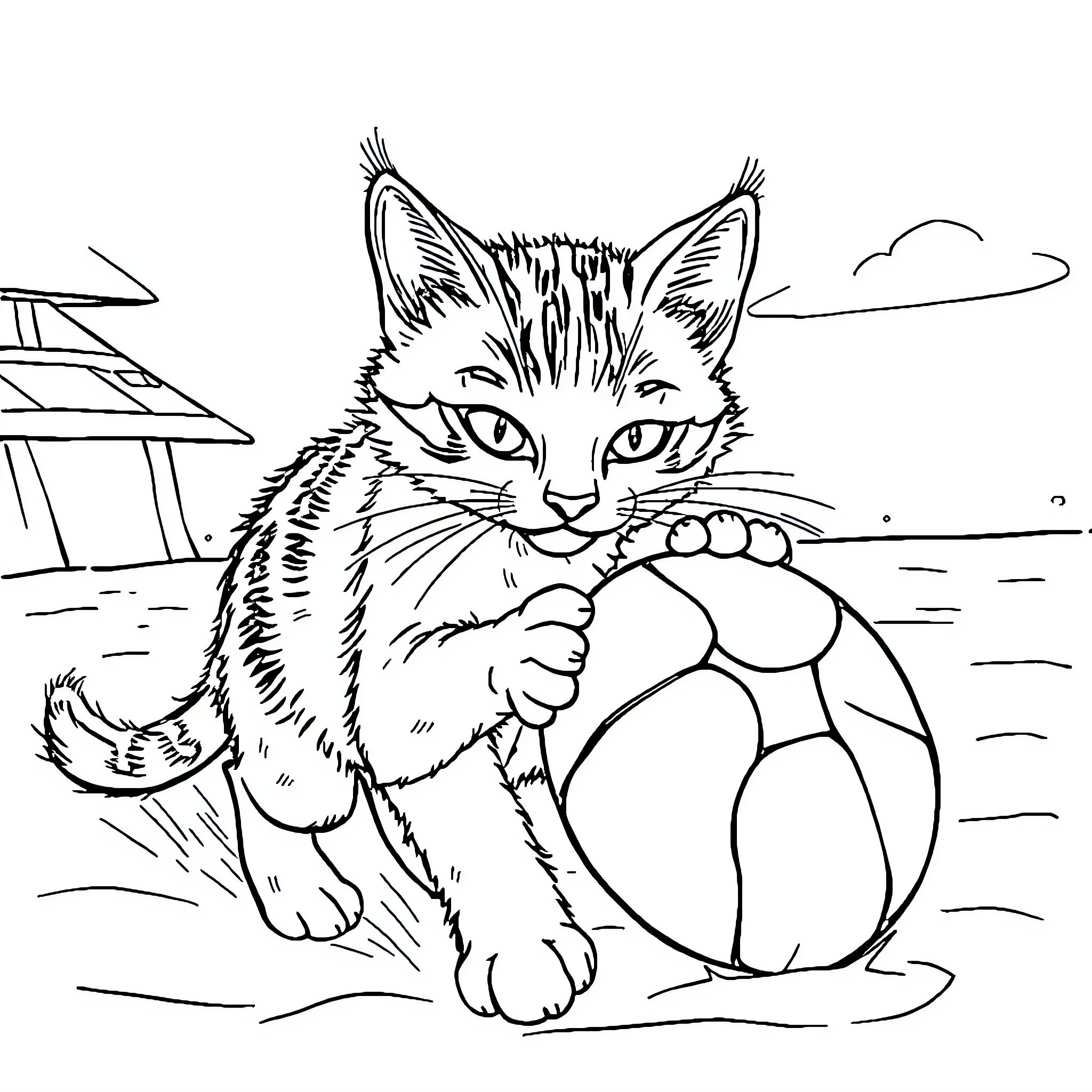 Gato playing with beach ball on shore Coloring Page (free black-and-white line drawing printable PDF for all, from beginners to advanced learners, including children, teens, adults, and seniors)
