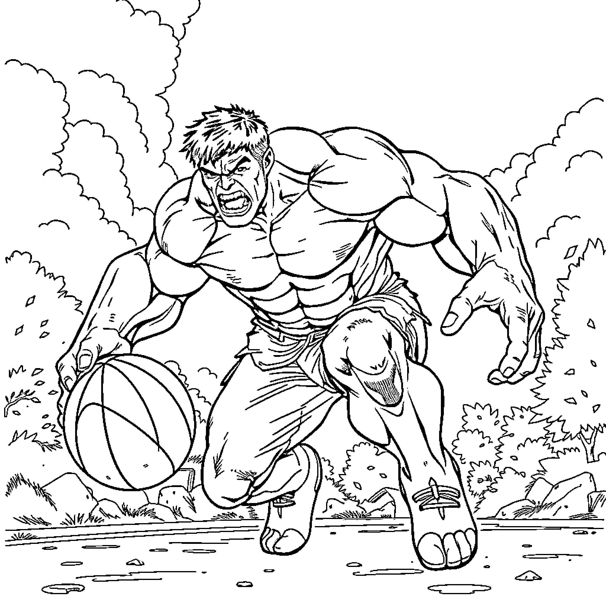 Hulk Rampaging Through Nature Coloring Page (free black-and-white line drawing printable PDF for all, from beginners to advanced learners, including children, teens, adults, and seniors)