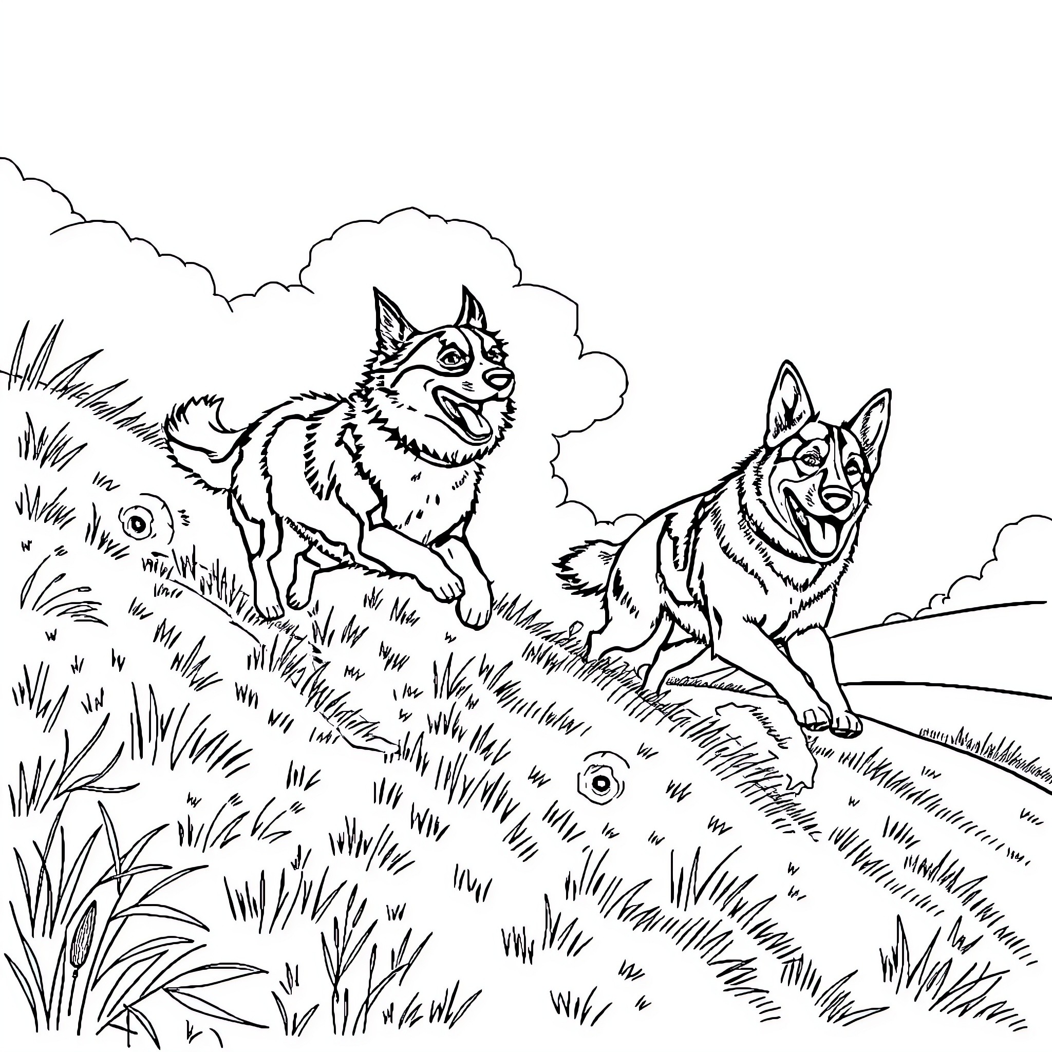 Border Collies chasing each other in the field Coloring Page (free black-and-white line drawing printable PDF for all, from beginners to advanced learners, including children, teens, adults, and seniors)