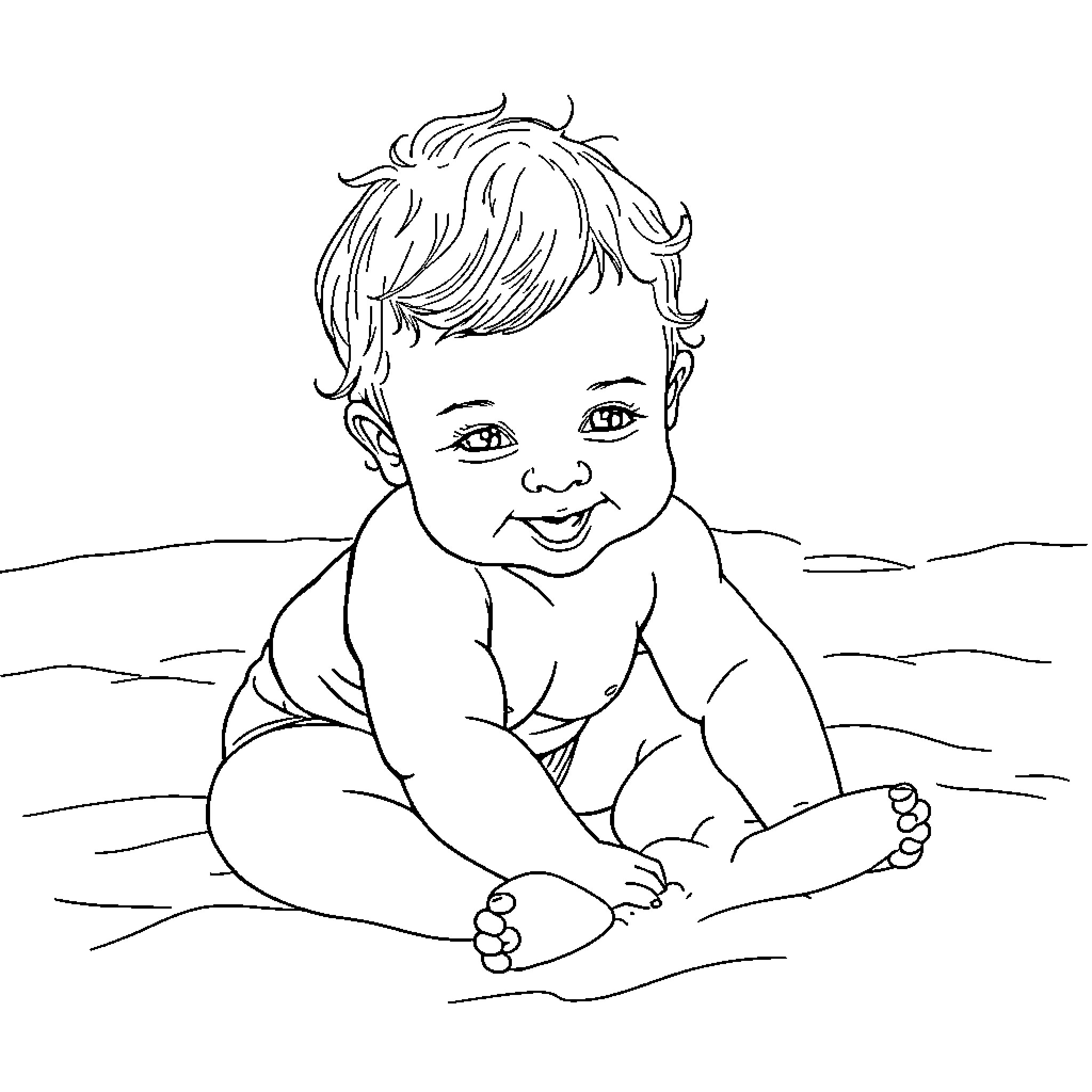 Child happily playing on the beach Coloring Page (free black-and-white line drawing printable PDF for all, from beginners to advanced learners, including children, teens, adults, and seniors)