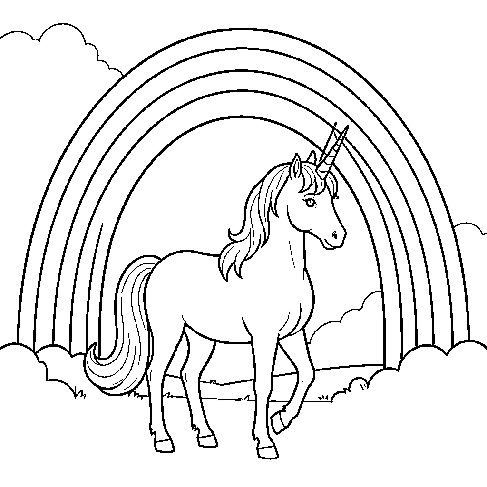 Unicorn standing gracefully under a large rainbow Coloring Page (free black-and-white line drawing printable PDF for all, from beginners to advanced learners, including children, teens, adults, and seniors)