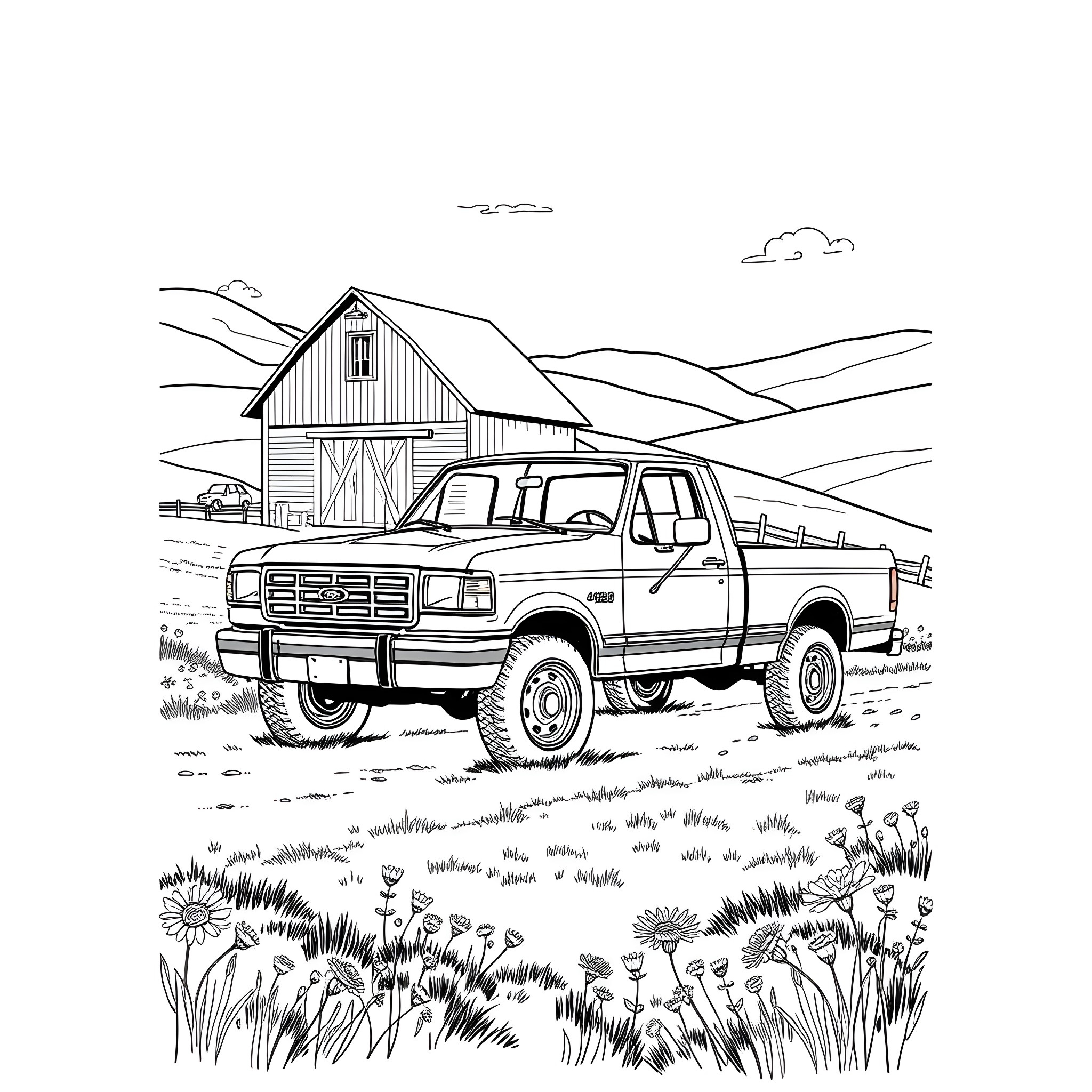 F-250 truck parked in scenic rural landscape Coloring Page (free black-and-white line drawing printable PDF for all, from beginners to advanced learners, including children, teens, adults, and seniors)