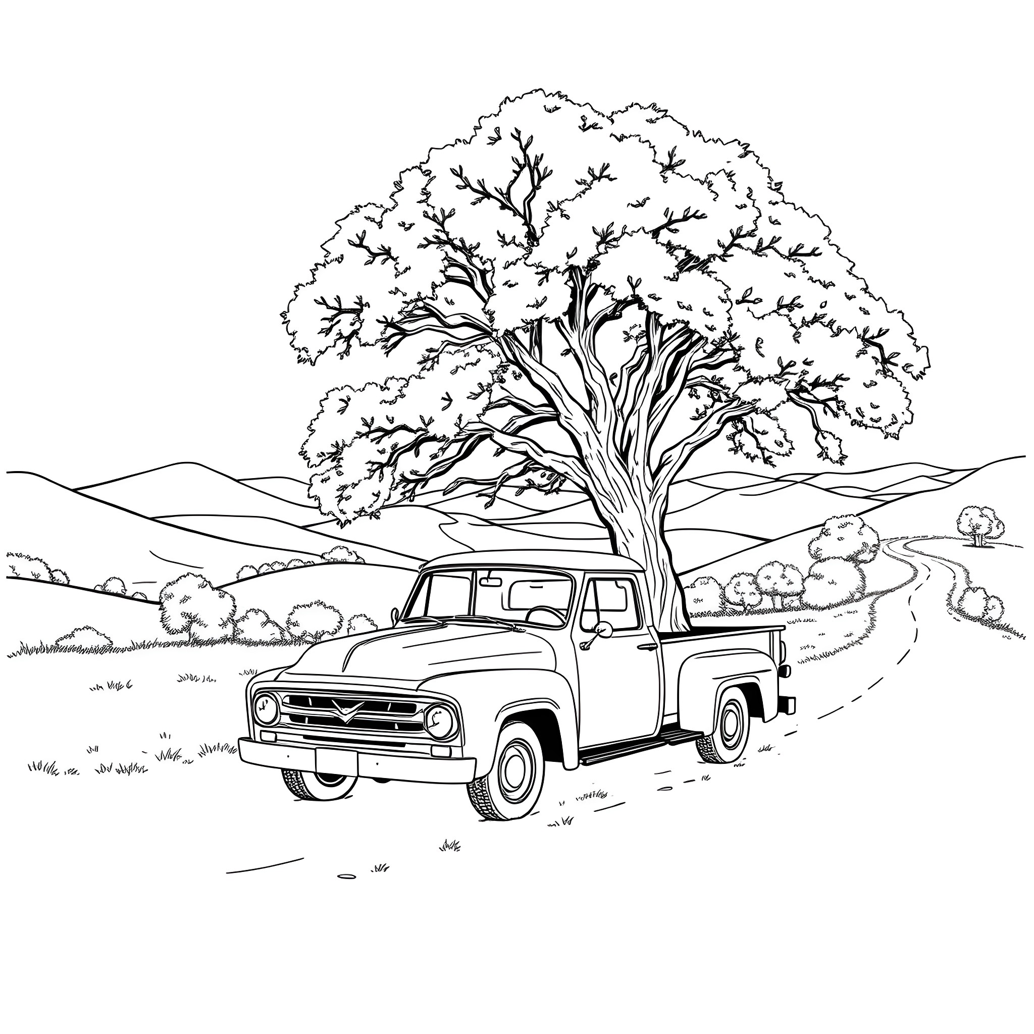 Truck on Country Road with Leafy Tree Coloring Page (free black-and-white line drawing printable PDF for all, from beginners to advanced learners, including children, teens, adults, and seniors)