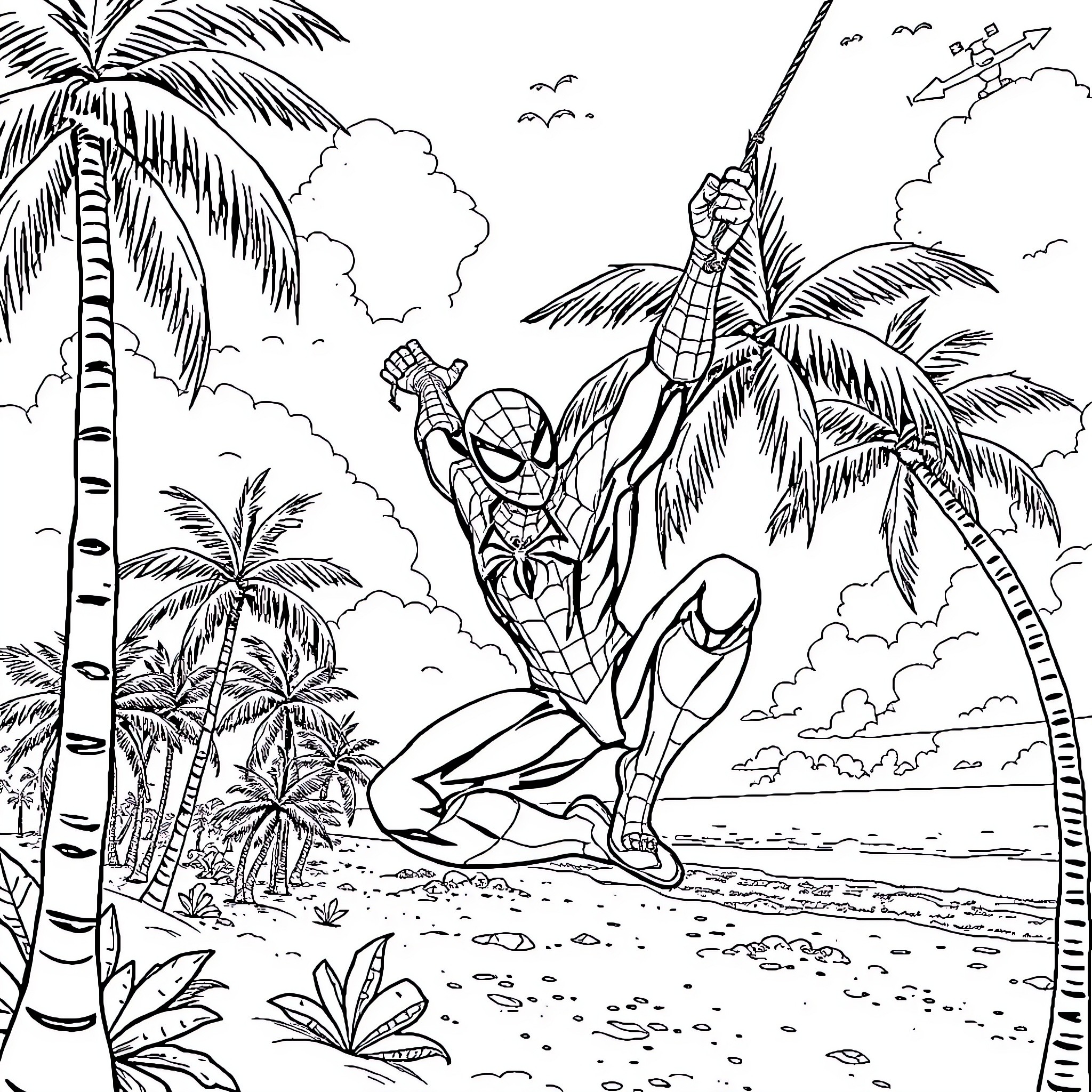Spider-Man swinging through a tropical island landscape Coloring Page (free black-and-white line drawing printable PDF for all, from beginners to advanced learners, including children, teens, adults, and seniors)