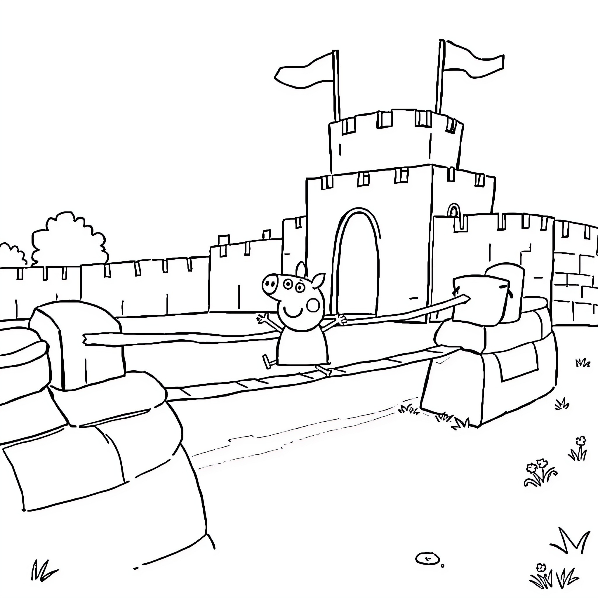 Peppa Pig exploring the castle courtyard Coloring Page (free black-and-white line drawing printable PDF for all, from beginners to advanced learners, including children, teens, adults, and seniors)
