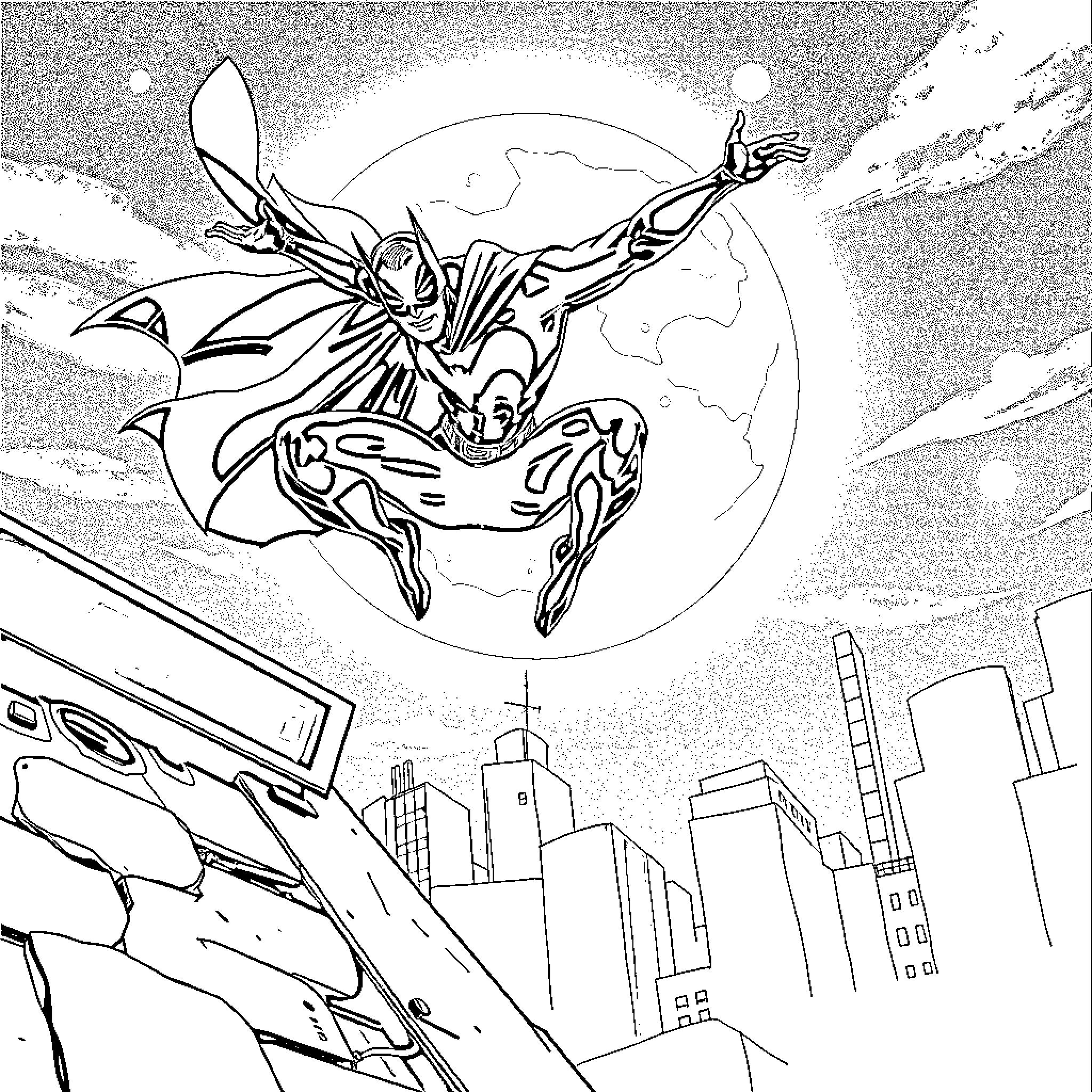 Nightwing soaring through the city skyline Coloring Page (free black-and-white line drawing printable PDF for all, from beginners to advanced learners, including children, teens, adults, and seniors)