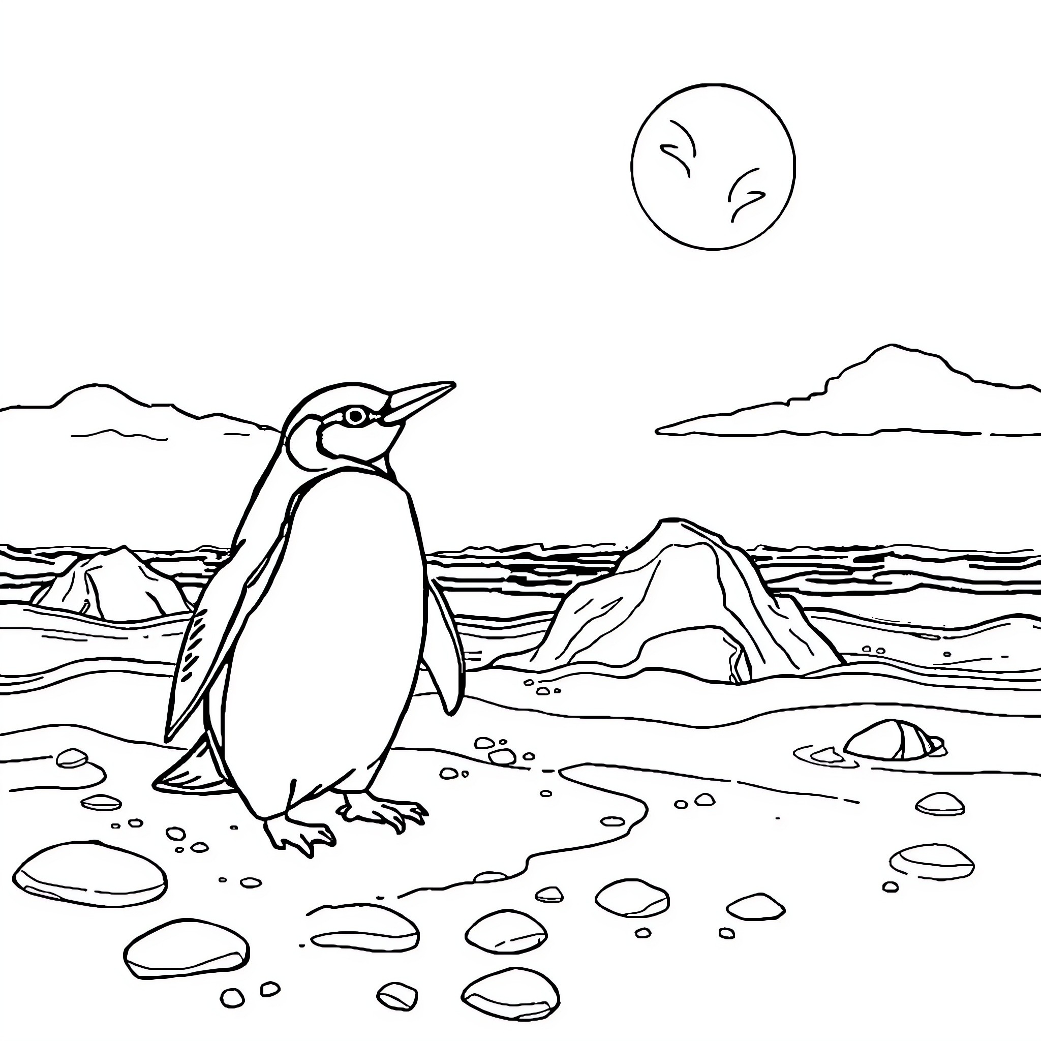 Fish walking on the shore with mountains Coloring Page (free black-and-white line drawing printable PDF for all, from beginners to advanced learners, including children, teens, adults, and seniors)