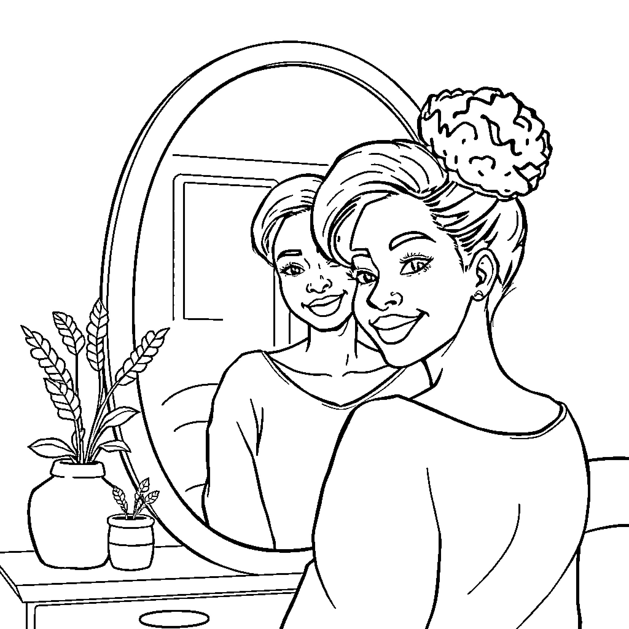 Woman applying makeup in front of mirror Coloring Page (free black-and-white line drawing printable PDF for all, from beginners to advanced learners, including children, teens, adults, and seniors)