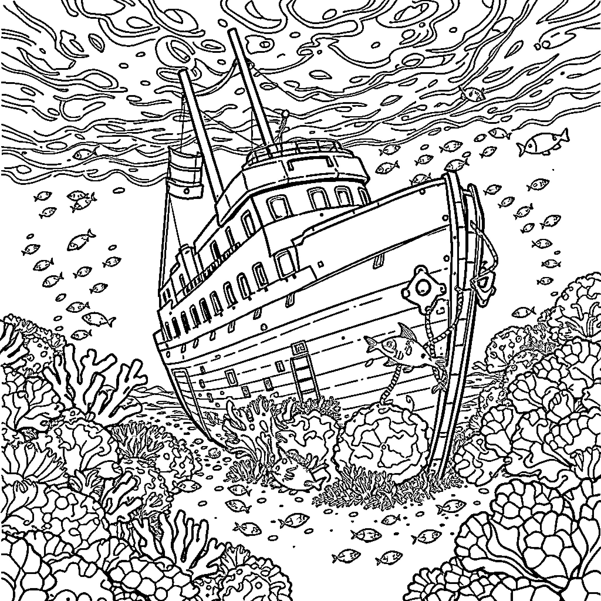 Shipwreck submerged in vibrant underwater coral reef Coloring Page (free black-and-white line drawing printable PDF for all, from beginners to advanced learners, including children, teens, adults, and seniors)