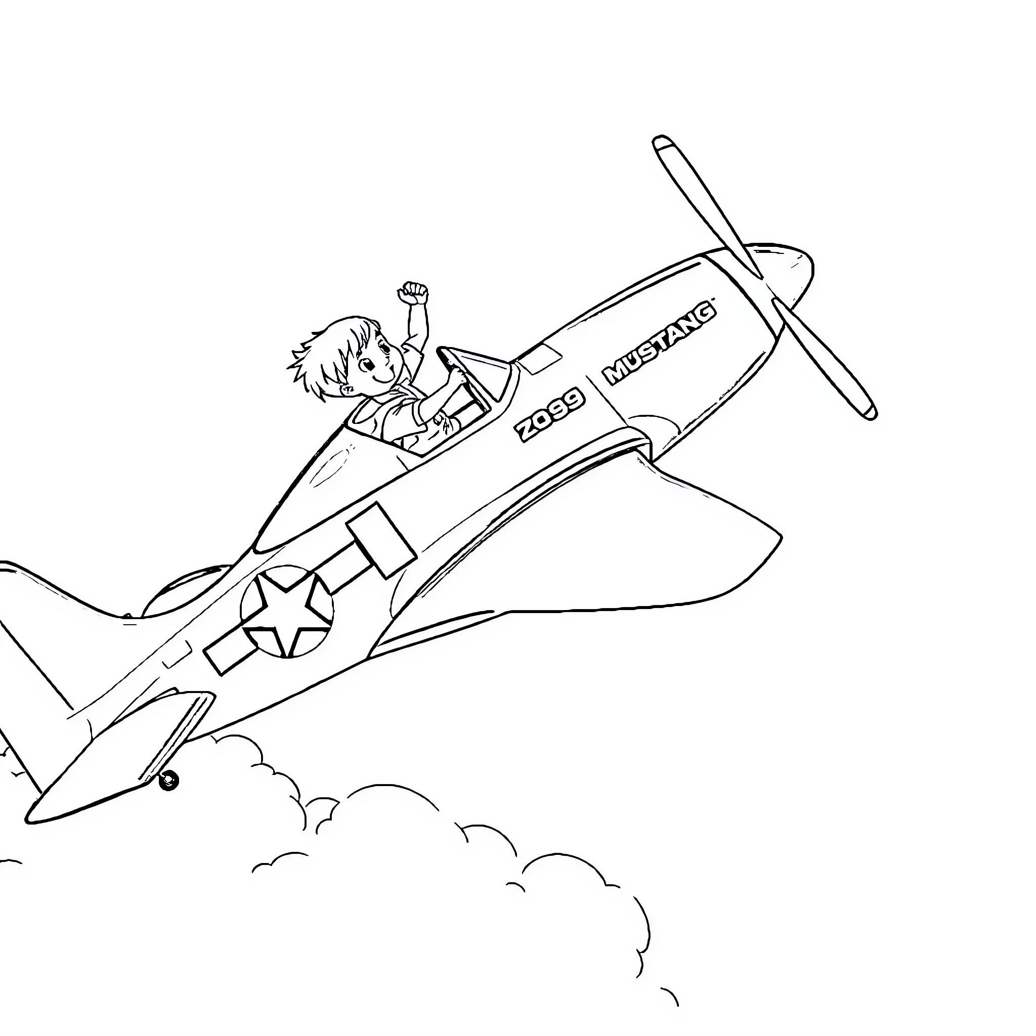 Boy piloting a fighter jet in the sky Coloring Page (free black-and-white line drawing printable PDF for all, from beginners to advanced learners, including children, teens, adults, and seniors)