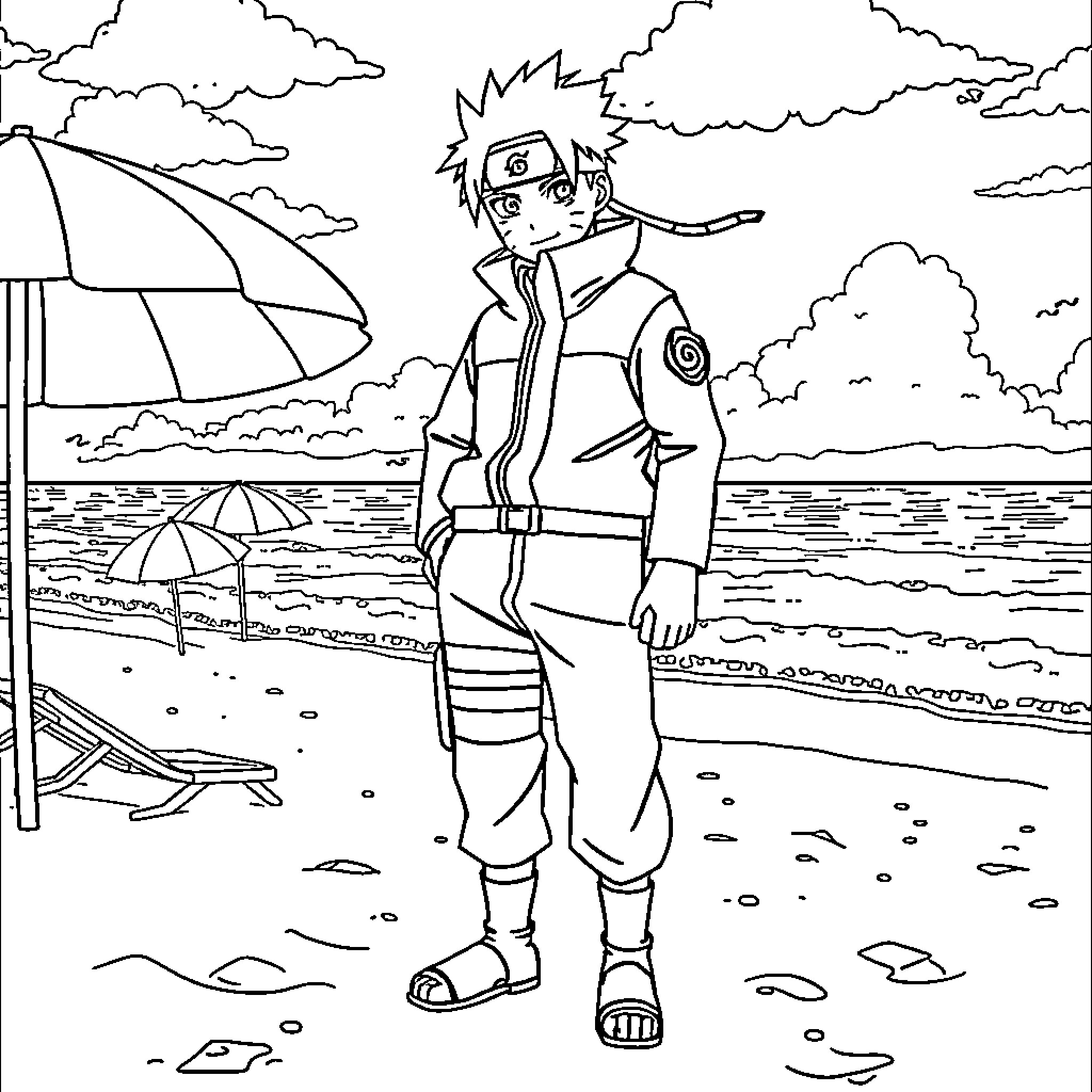 Naruto on a beach adventure Coloring Page (free black-and-white line drawing printable PDF for all, from beginners to advanced learners, including children, teens, adults, and seniors)