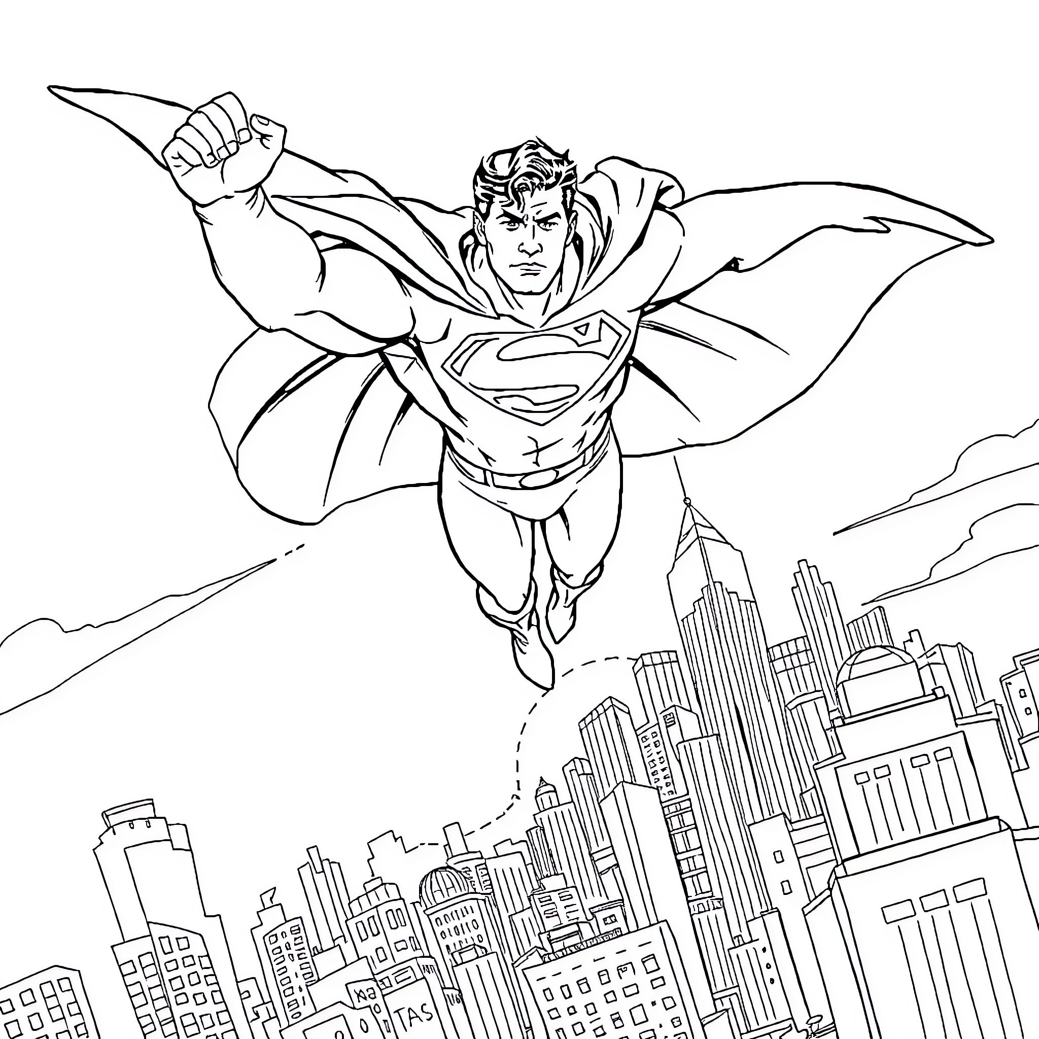 Superman flying through the city skyline Coloring Page (free black-and-white line drawing printable PDF for all, from beginners to advanced learners, including children, teens, adults, and seniors)