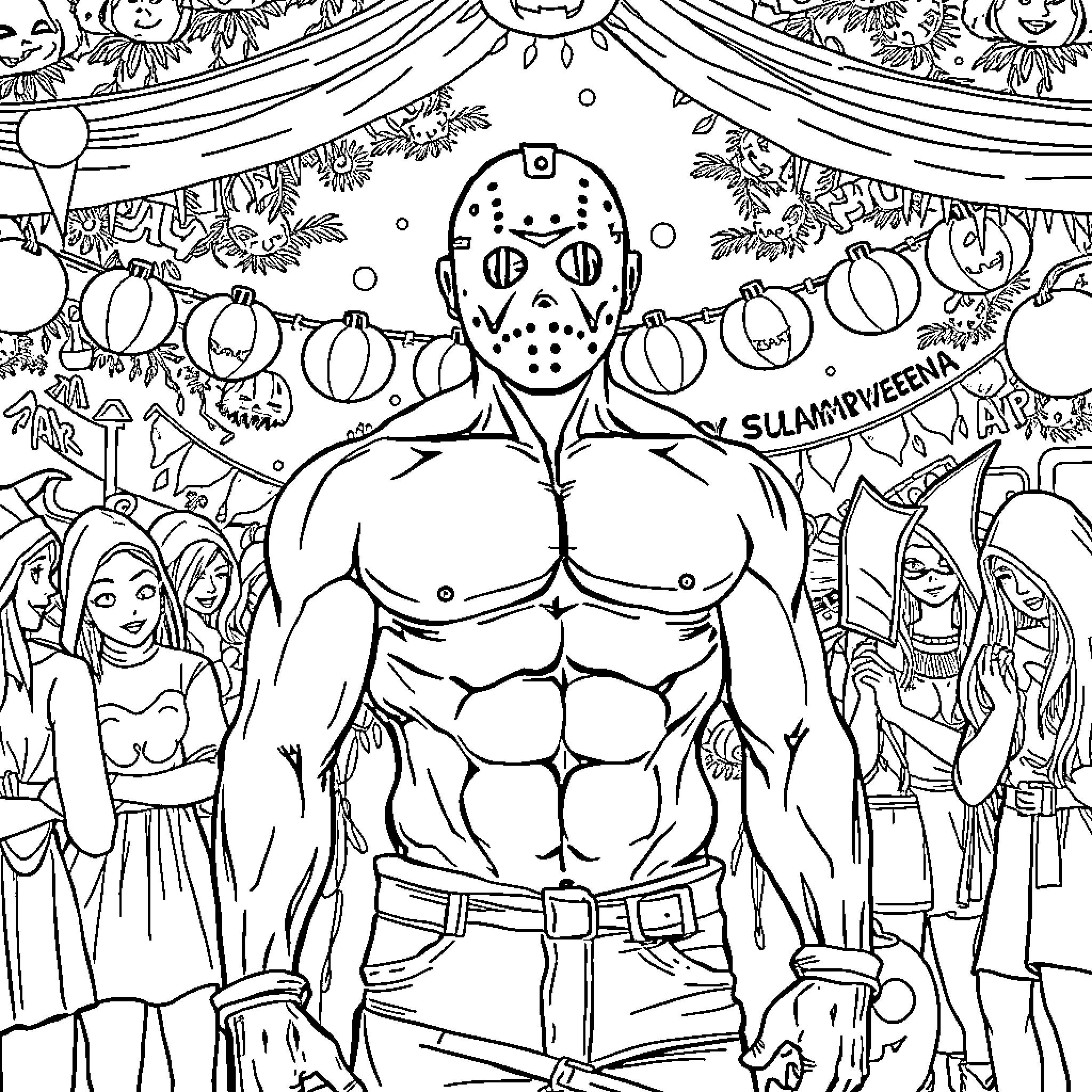 Jason Voorhees terrorizing a carnival-like scene Coloring Page (free black-and-white line drawing printable PDF for all, from beginners to advanced learners, including children, teens, adults, and seniors)